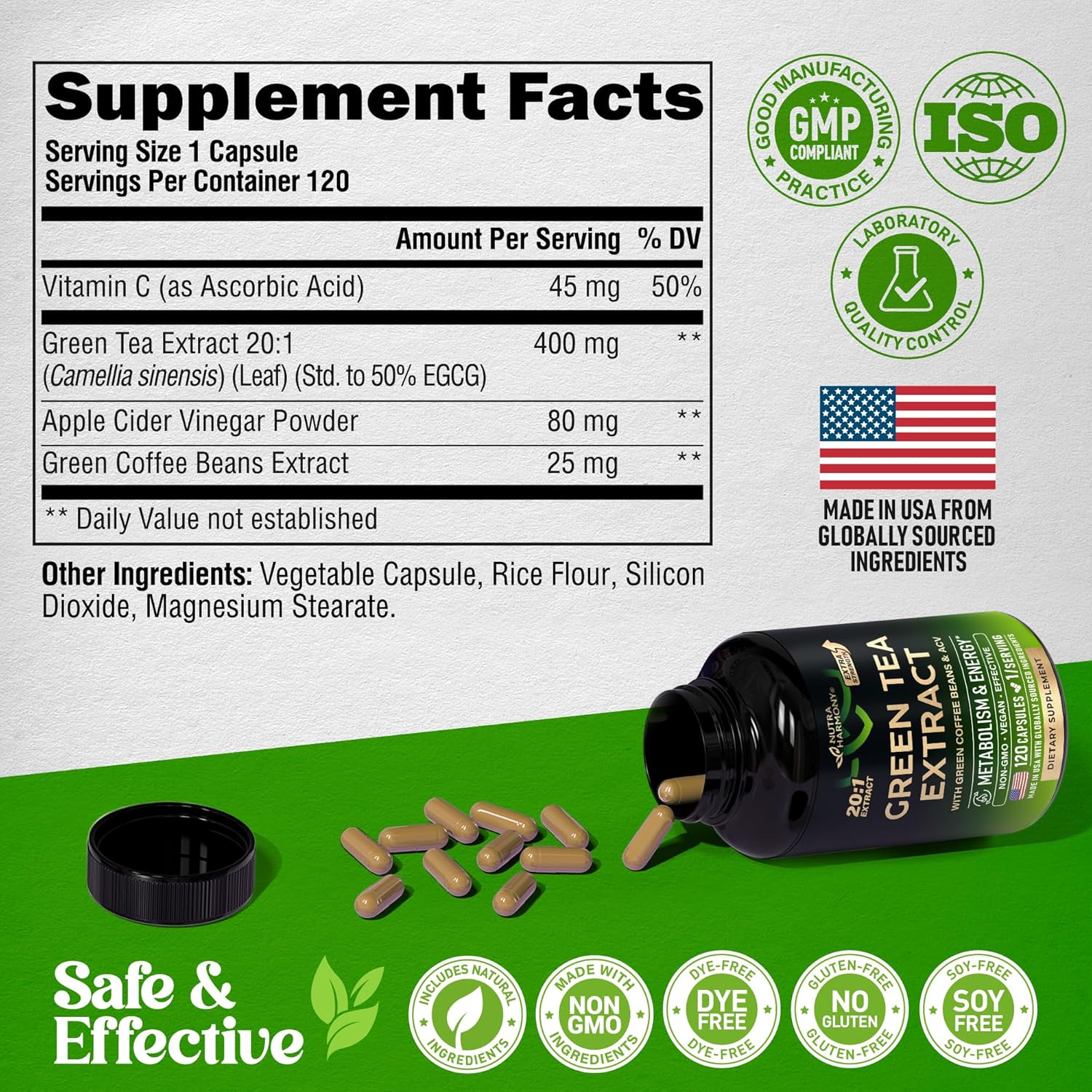Green Tea Extract Capsules with Green Coffee Beans  Apple Cider Vinegar - Energy  Metabolism Support - Green Tea Supplement 50% EGCG - 20:1 Natural Extract - for Men  Women - 120 Vegan Capsules