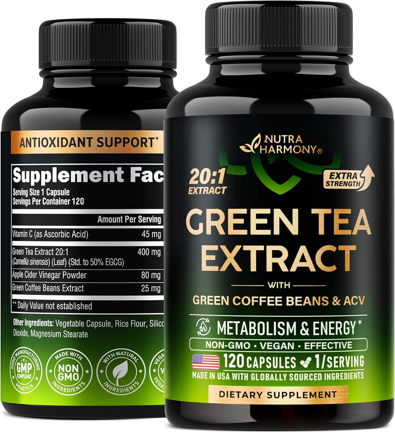 Green Tea Extract Capsules with Green Coffee Beans  Apple Cider Vinegar - Energy  Metabolism Support - Green Tea Supplement 50% EGCG - 20:1 Natural Extract - for Men  Women - 120 Vegan Capsules