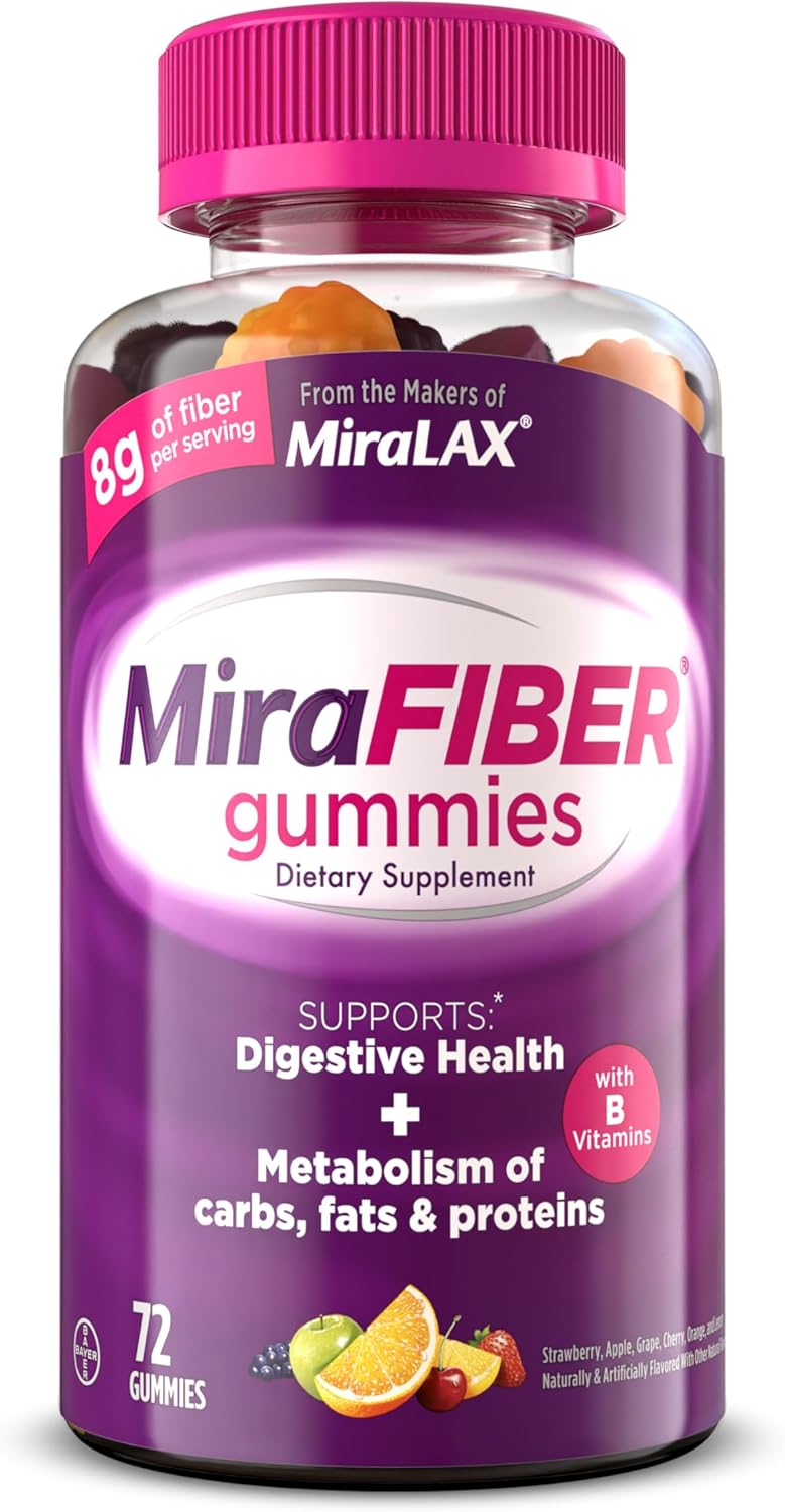 MiraFIBER Gummies, From The Gut Experts at MiraLAX, 8g of Daily Prebiotic Fiber with B Vitamins to Support Digestive Health and Metabolism, Fruit Flavored Fiber Gummies, 72 Count