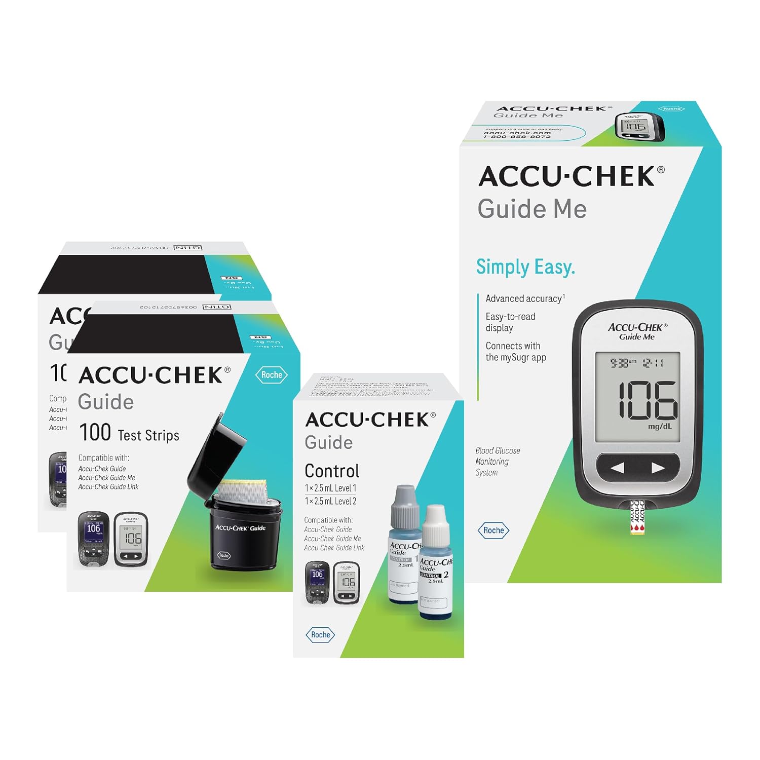 Accu-Chek Guide Me Glucose Monitor Kit for Diabetic Blood Sugar Testing: Guide Me Meter, 200 Guide Test Strips, and Control Solution