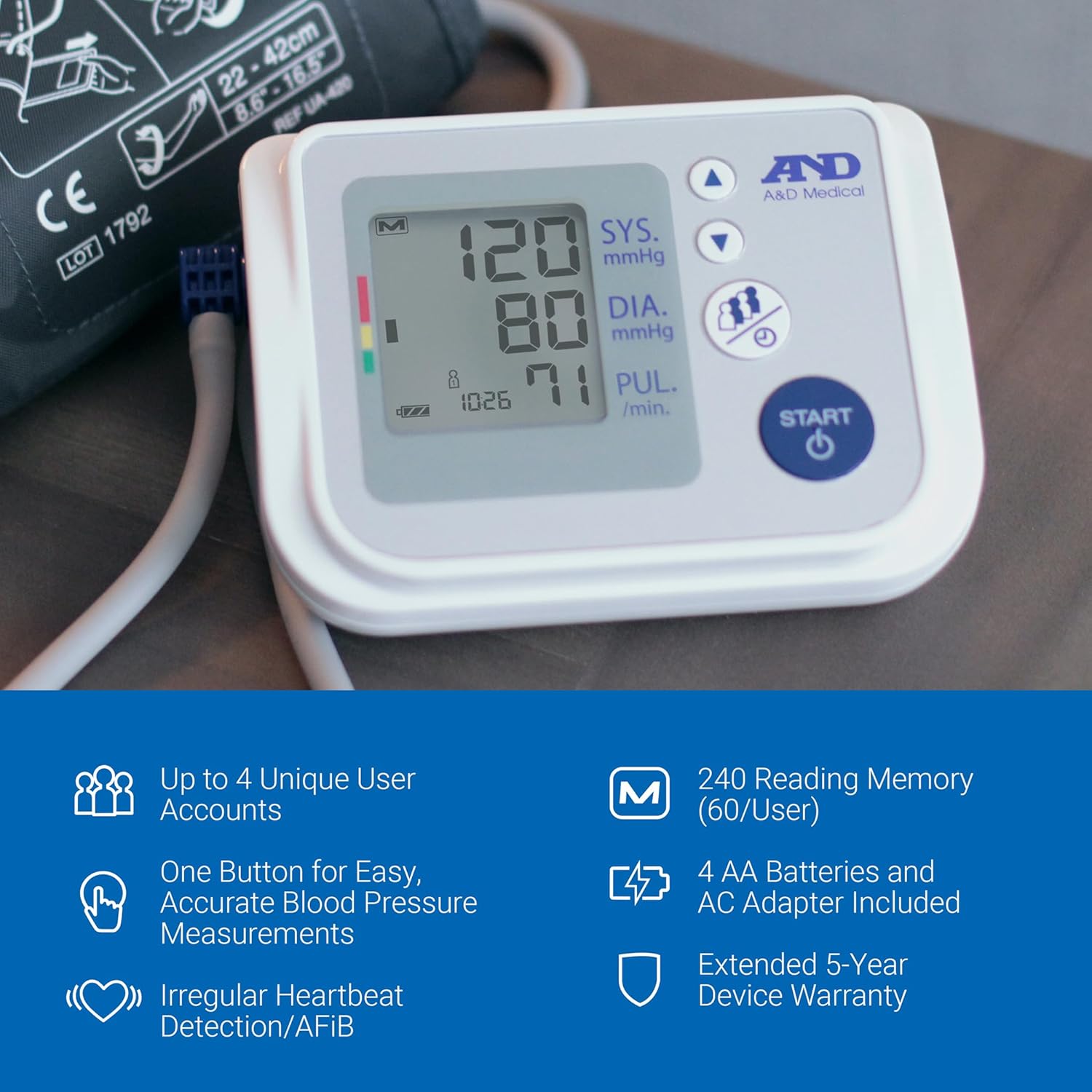 AD Medical Blood Pressure Monitor for Home Use, UA-767F, Wide-Range Cuff (8.6-16.5/22-42cm), 4 User, Easy to Use, Body Movement  Cuff Fit Detection Error, Batteries, Carrying Case, FSA/HSA Eligible