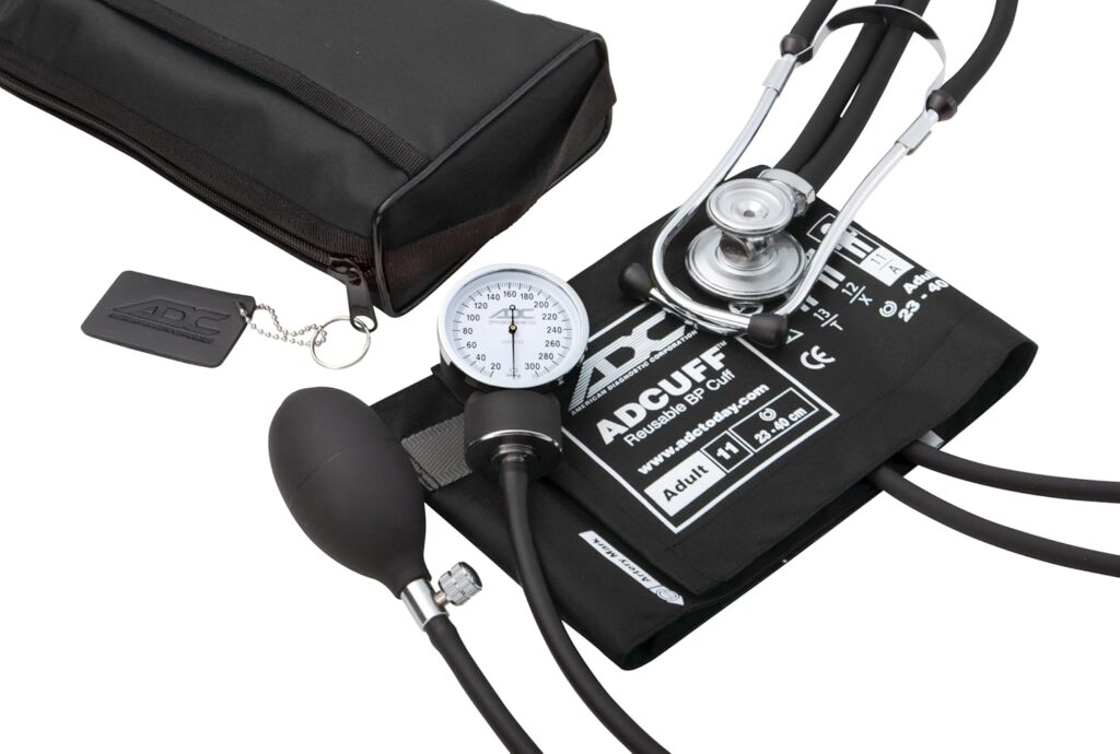 ADC Pros Combo II SR Adult Pocket Aneroid/Scope Kit with Prosphyg 768 Blood Pressure Sphygmomanometer and Adscope Sprague 641 Stethoscope with Nylon Carrying Case, Black