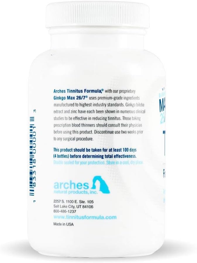 Arches Tinnitus Formula - Now with Ginkgo Max 26/7 - Natural Tinnitus Treatment for Relief from Ringing Ears - 100 Count Bottle - 25 Day Supply, Ginkgo biloba extract, zinc picolinate, deodorized garlic