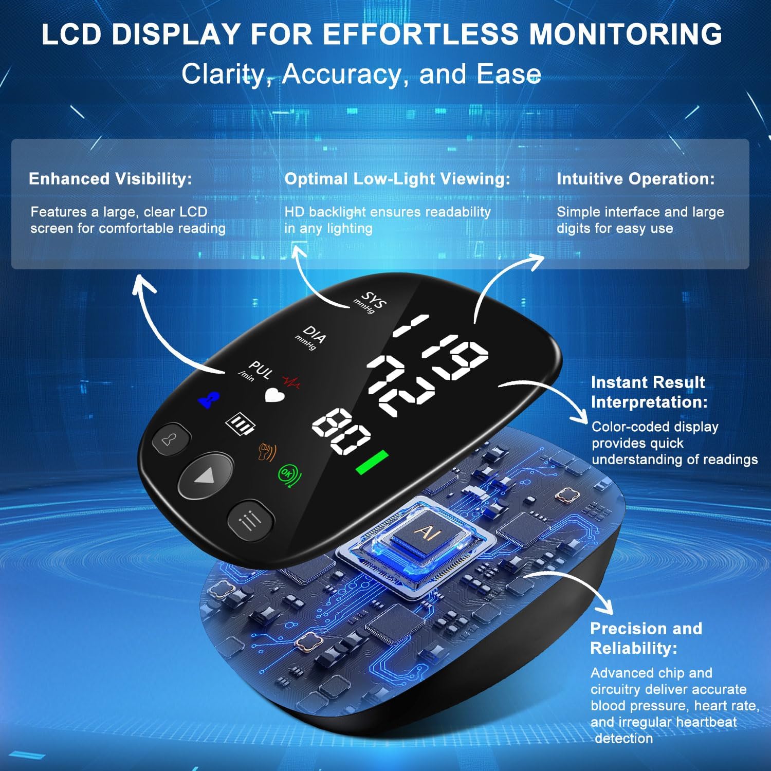 Automatic Arm Blood Pressure Monitor for Home Use - with Large Cuff (8.7-16.5), Bluetooth App Tracking,LED Display 2 Users 240 Sets Memory, arrhythmia and Hypertension Detector