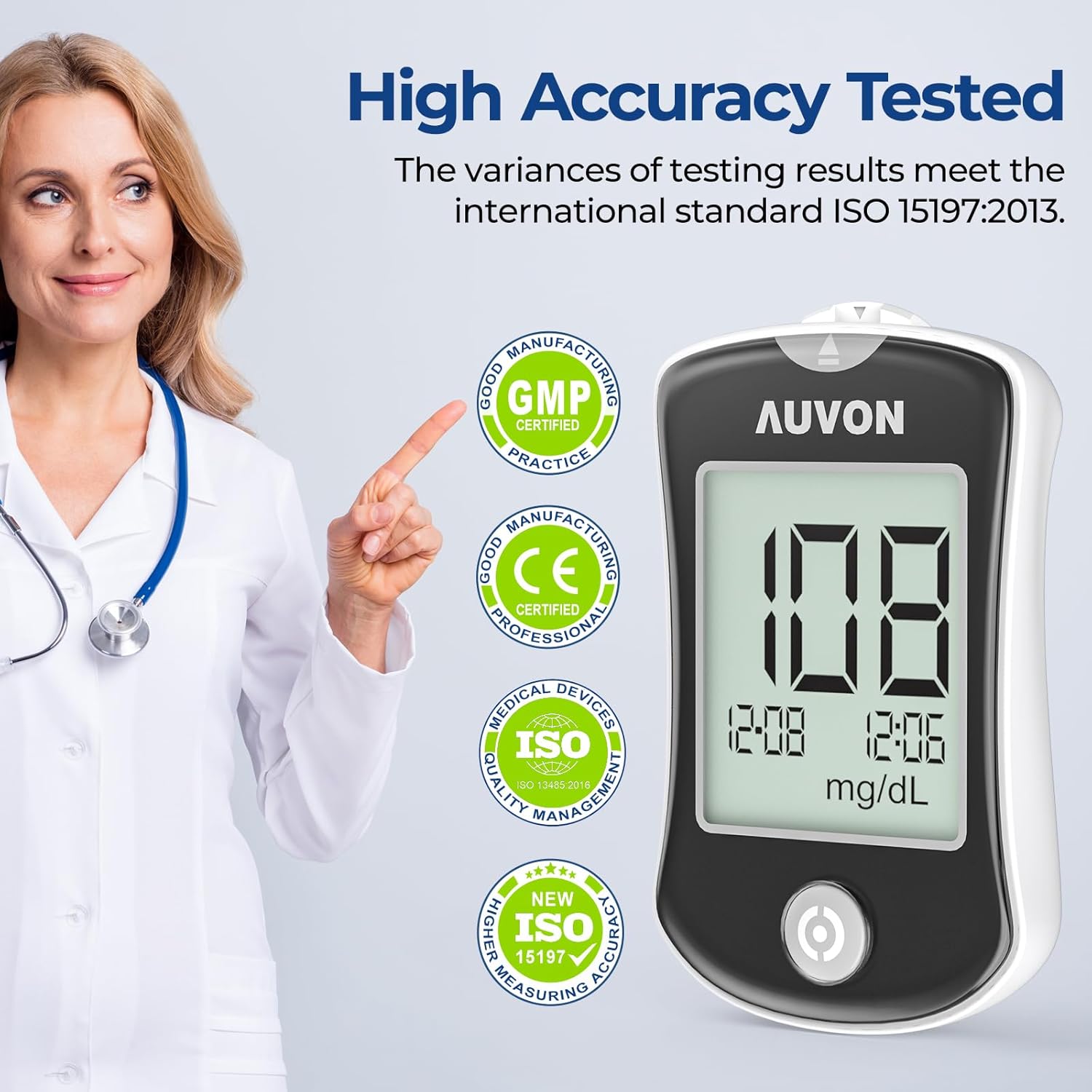 AUVON Blood Glucose Monitor Kit, 150 Glucometer Strips, 150 Lancets, 1 Blood Sugar Monitor, 1 Painless Lancing Device, 1 Control Solution, DS-W Blood Sugar Testing Kit with No Coding, Large Display