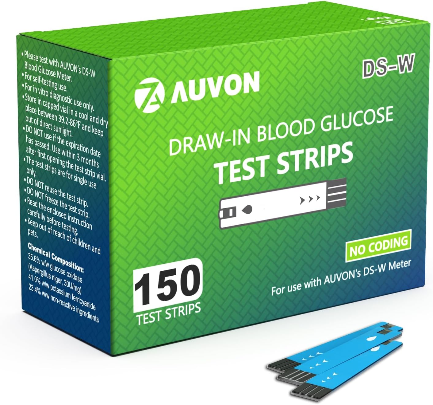 AUVON DS-W Draw-in Blood Glucose Test Strips for use with AUVON DS-W Diabetes Sugar Testing Meter (No Coding Required, 200 Count)