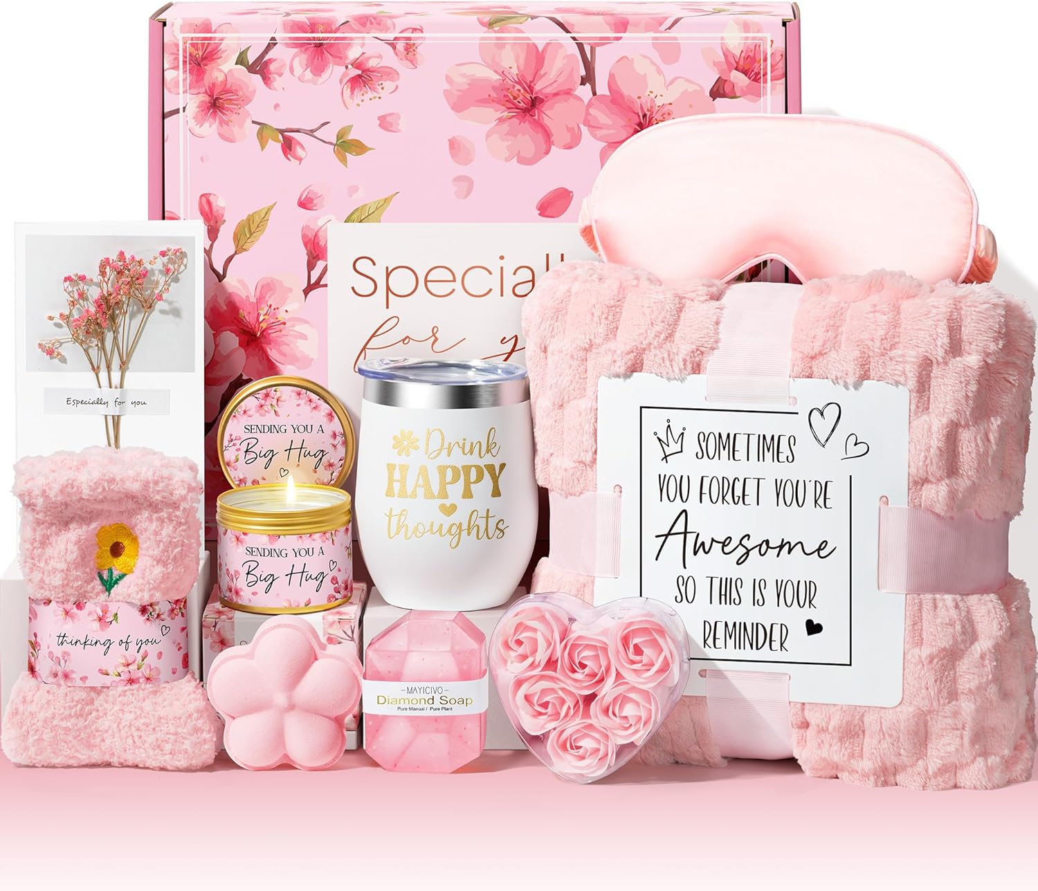 Birthday Gifts for Women Self Care Gifts, Cherry Blossom Relaxing Spa Gifts Baskets Bath Set Get Well Gifts Care Package Valentines Day Gifts for Her Women Mom Sister Friend Wife Girlfriend w/ Blanket