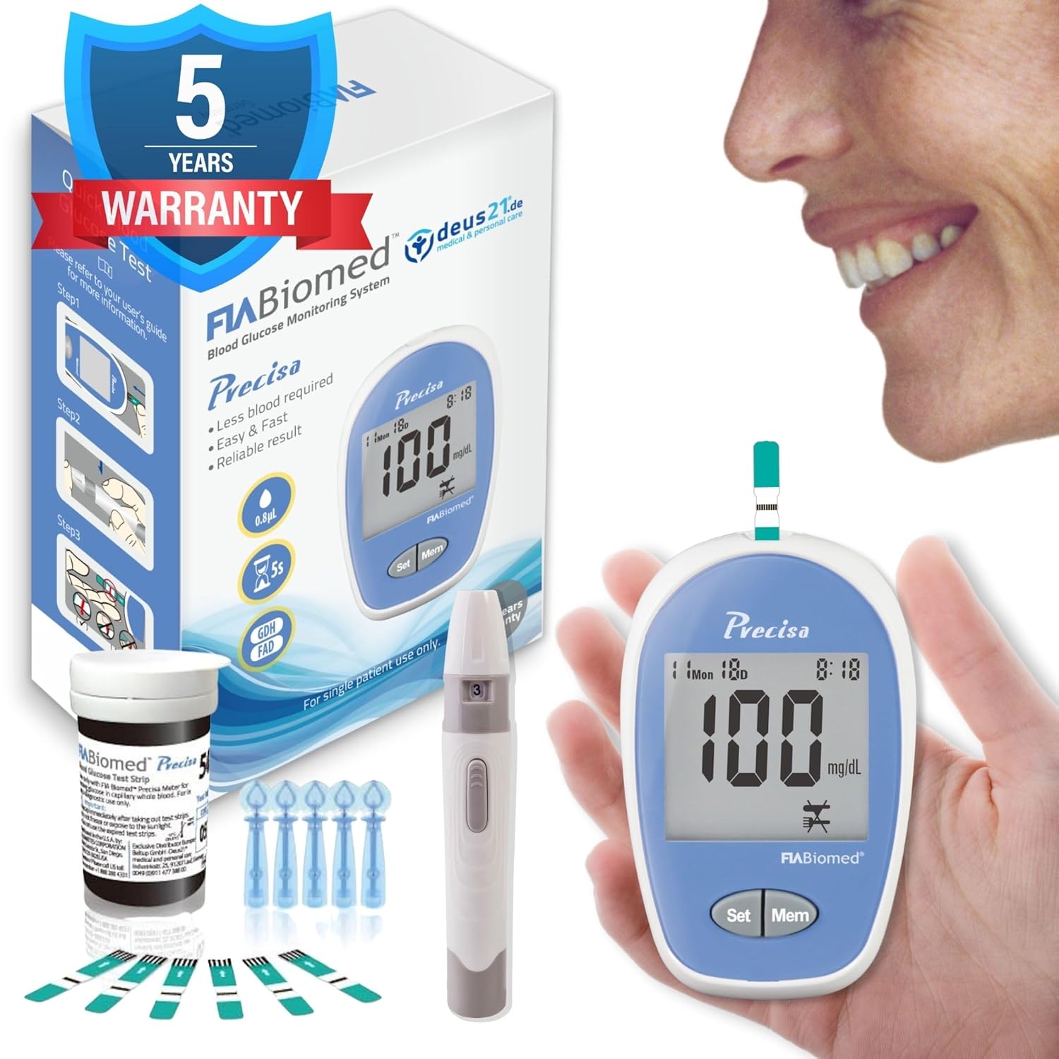 Blood Glucose Monitor Kit, 100 pcs Glucometer Strips, 100 pcs Lancets, 1x Blood Sugar Monitor, Carring bag. Blood Sugar Test Kit with Control Solution