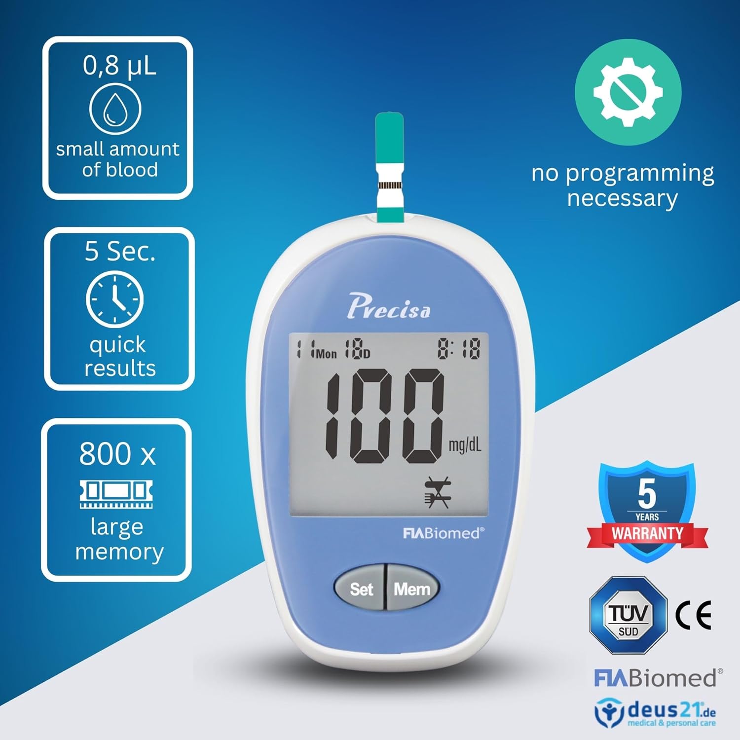 Blood Glucose Monitor Kit, 100 pcs Glucometer Strips, 100 pcs Lancets, 1x Blood Sugar Monitor, Carring bag. Blood Sugar Test Kit with Control Solution
