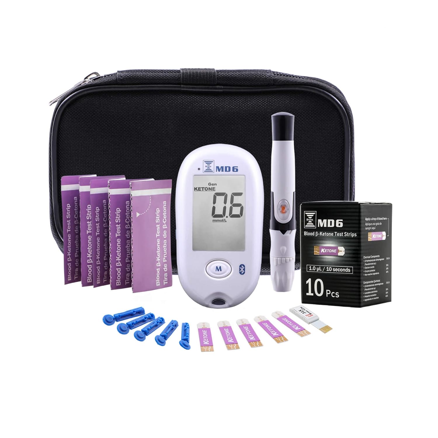 Blood Ketone  Glucose Monitoring System | Track Your Ketones  Ketogenic Diet Progress | Ketosis Test Kit with Lancing Device, 10 Keto Strips + 50 Lancets