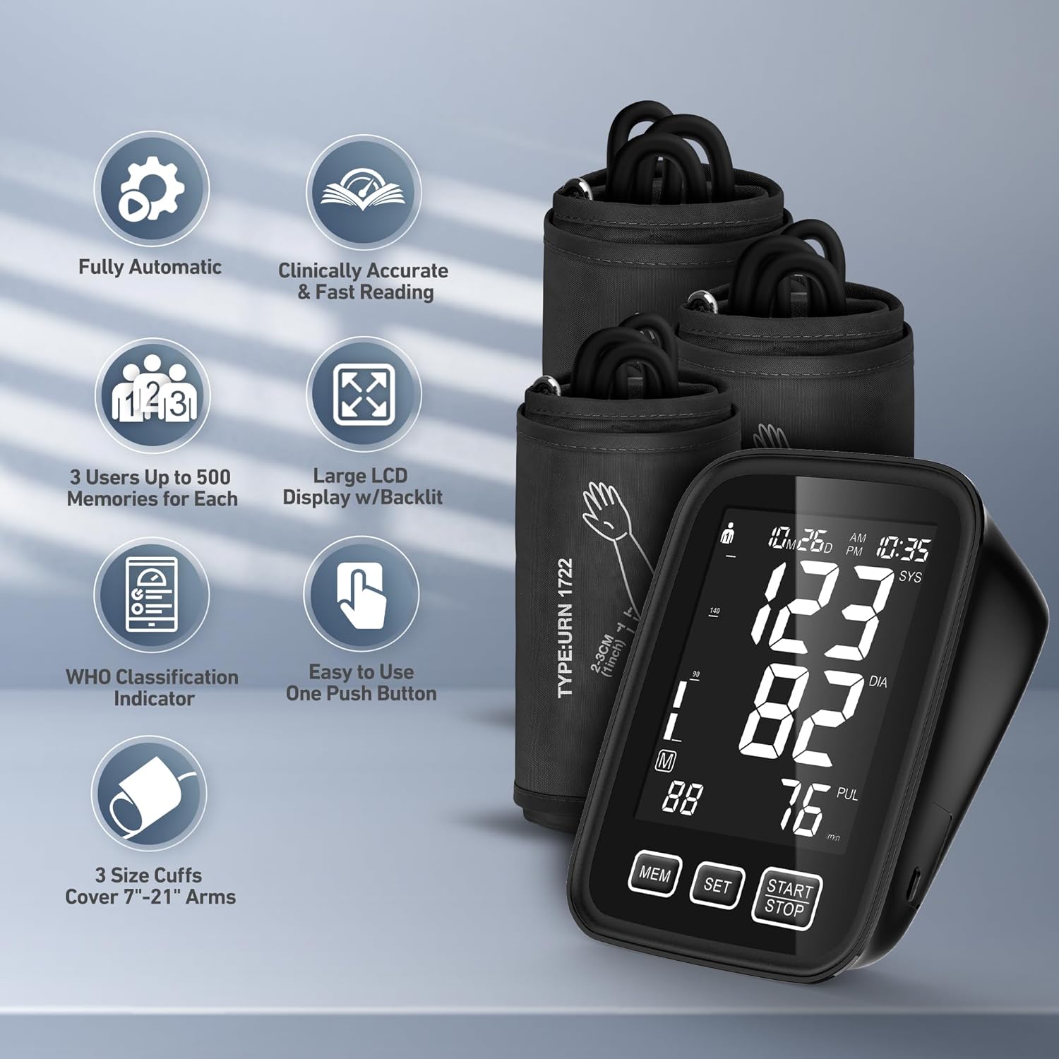 Blood Pressure Machine for Home Use - 3 Size Cuffs, Small 7-9, Medium/Large 9-17 and XL Extra Large 13-21, Accurate Digital Automatic Upper Arm BP Monitor, Large Backlit Display, 3-User Mode