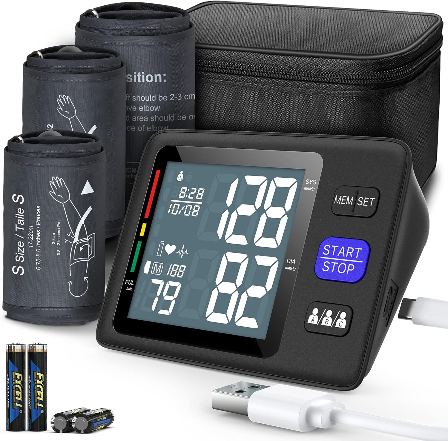 Blood Pressure Machine Upper Arm, 3 Size Cuffs, S, M/L and XL, Small 7-9, Medium/Large 9-17 and Extra Large Cuff 13-21, Accurate Automatic Digital BP Monitor, Large Backlit LCD, 3-User 1500 MEM