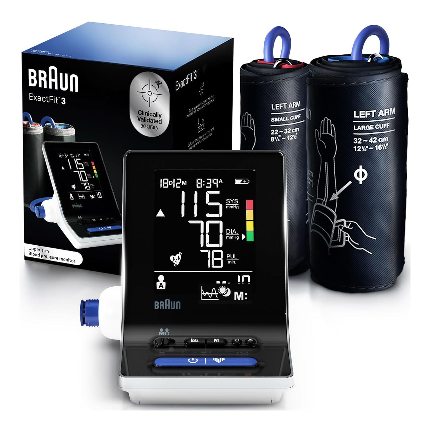 Braun ExactFit 3 Blood Pressure Monitor for Home Use - Accurate Blood Pressure Machine, Color-Coded Results, Large Display High BP Monitor, 2 Upper Arm Cuff Sizes, 80 Memory Slots, FSA/HSA Eligible