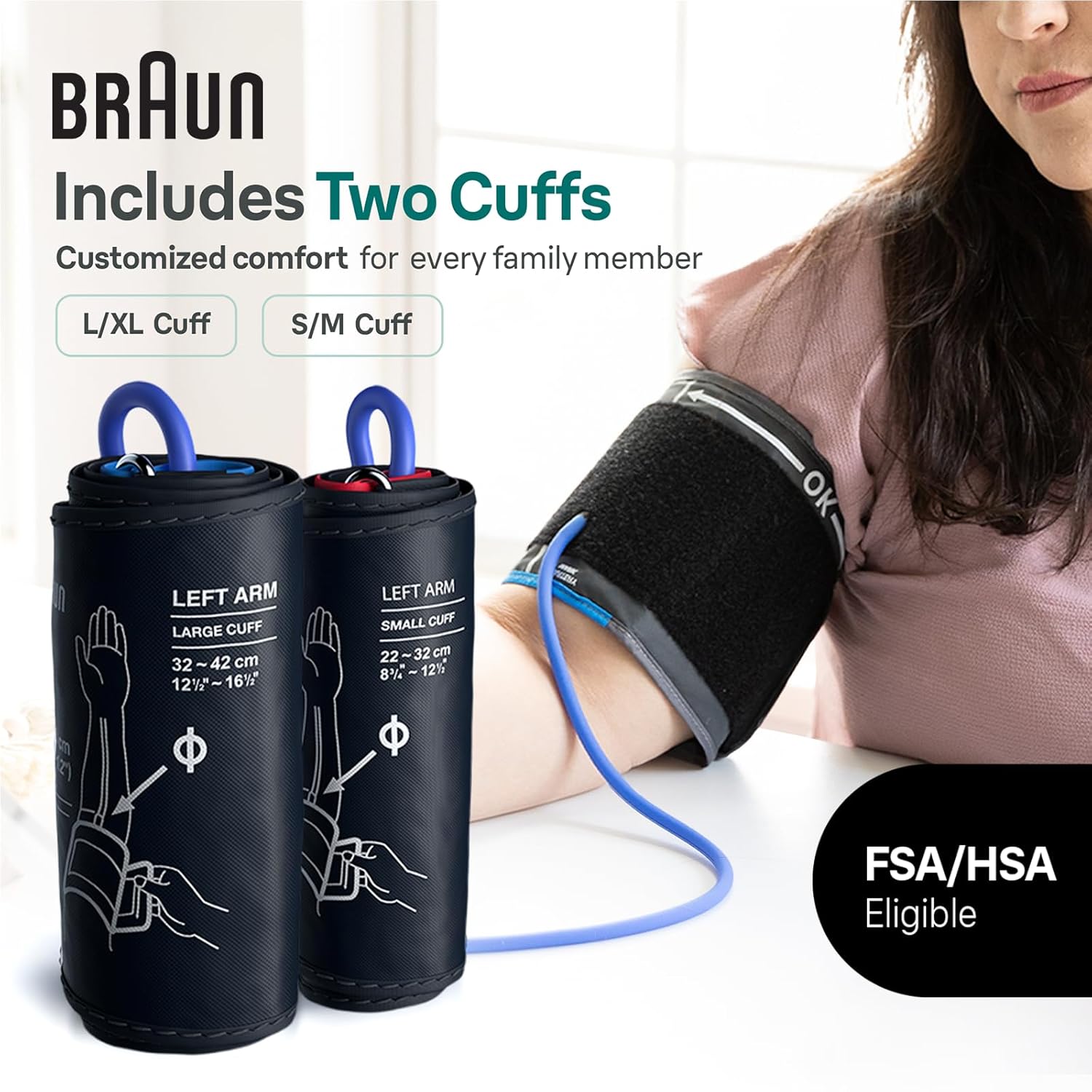 Braun ExactFit 3 Blood Pressure Monitor for Home Use - Accurate Blood Pressure Machine, Color-Coded Results, Large Display High BP Monitor, 2 Upper Arm Cuff Sizes, 80 Memory Slots, FSA/HSA Eligible