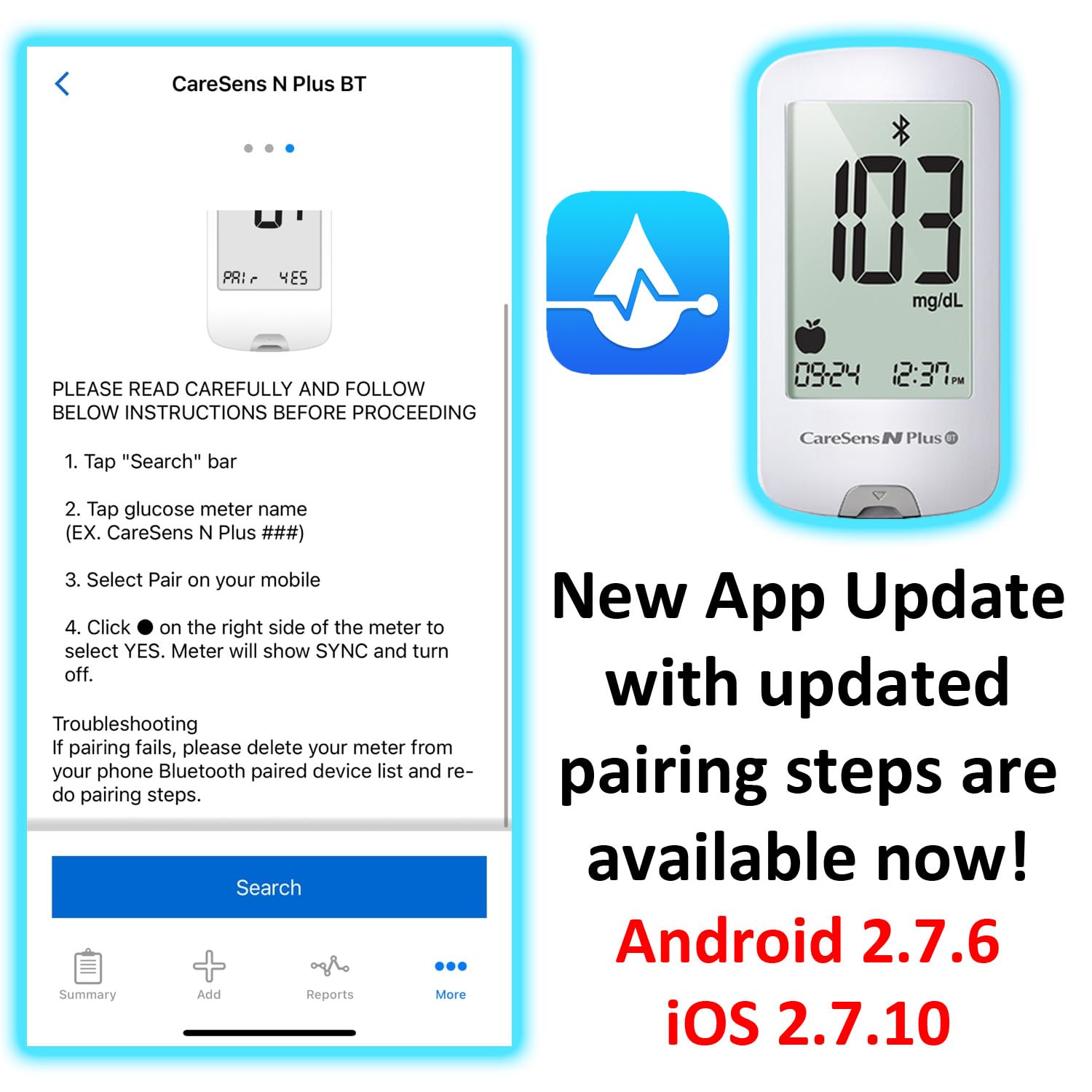 CareSens N Plus Bluetooth Blood Glucose Monitor Kit with 100 Blood Sugar Test Strips, 100 Lancets, 1 Blood Glucose Meter, 1 Lancing Device, Travel Case for Diabetes Testing Kit (Auto-Coding Glucometer kit with 1 Control Solution)