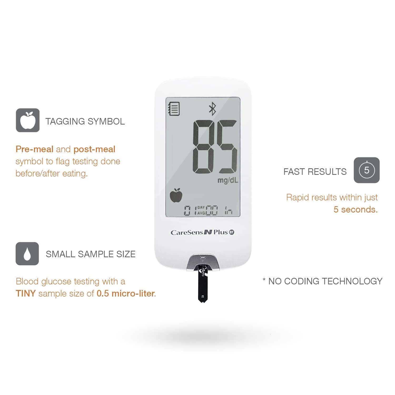 CareSens N Plus Bluetooth Blood Glucose Monitor Kit with 100 Blood Sugar Test Strips, 100 Lancets, 1 Blood Glucose Meter, 1 Lancing Device, Travel Case for Diabetes Testing Kit (Auto-Coding Glucometer kit with 1 Control Solution)