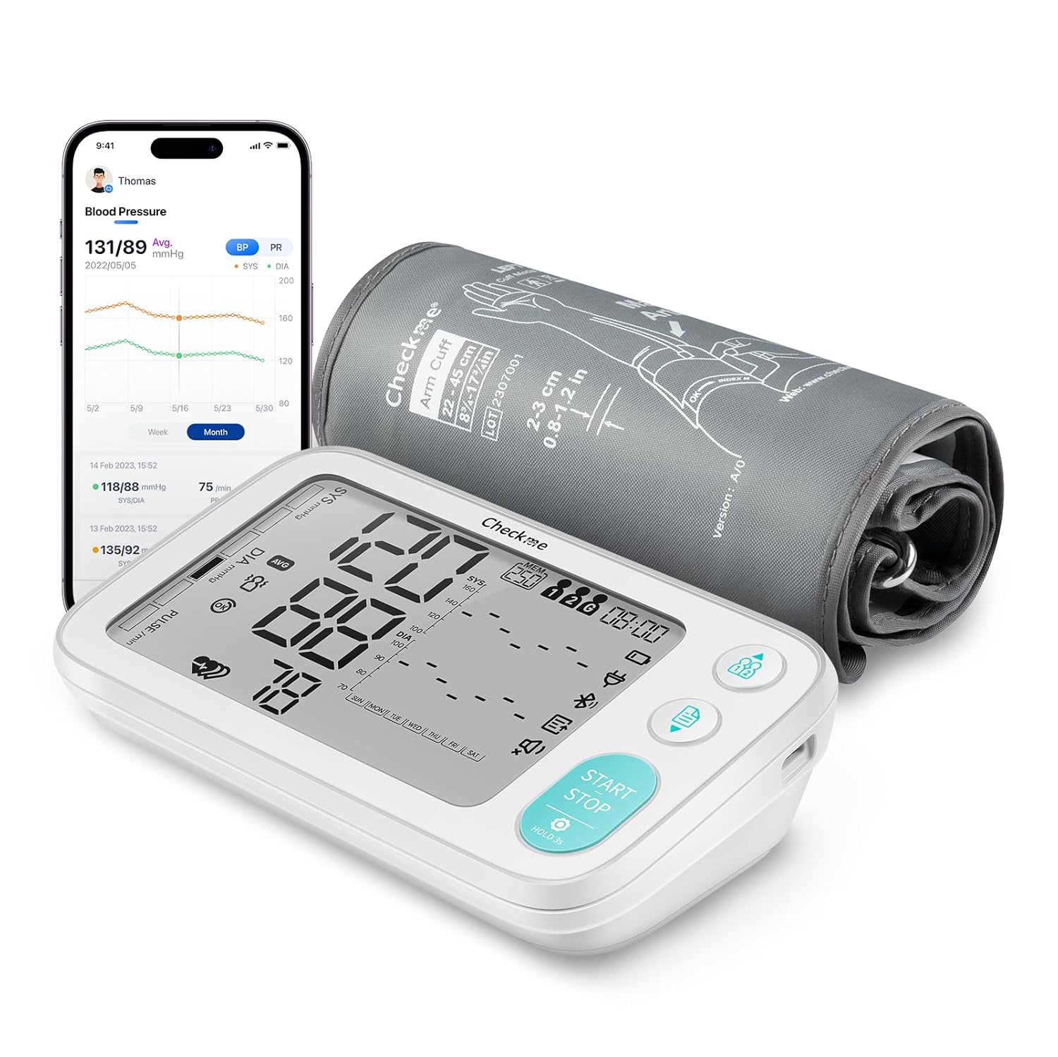 Checkme Blood Pressure Monitors for Home Use, Automatic Digital BP Machine with Bluetooth, Dual Display with 7 Days Trends, XL Size Cuff 8.7-17.7˝, 2 * 250 Storage, Dual Power Supply, Voice Broadcast