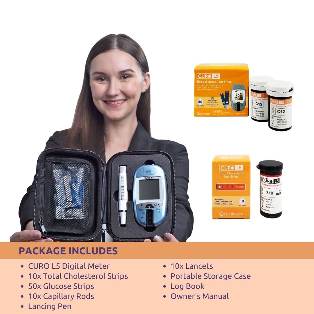 CUROfit Convenient Health Monitoring with L5 Total Cholesterol  Glucose HOME Test Kit - Compact and Portable, Comprehensive Kit, Instant Results, Easy to Use, and Accurate Readings