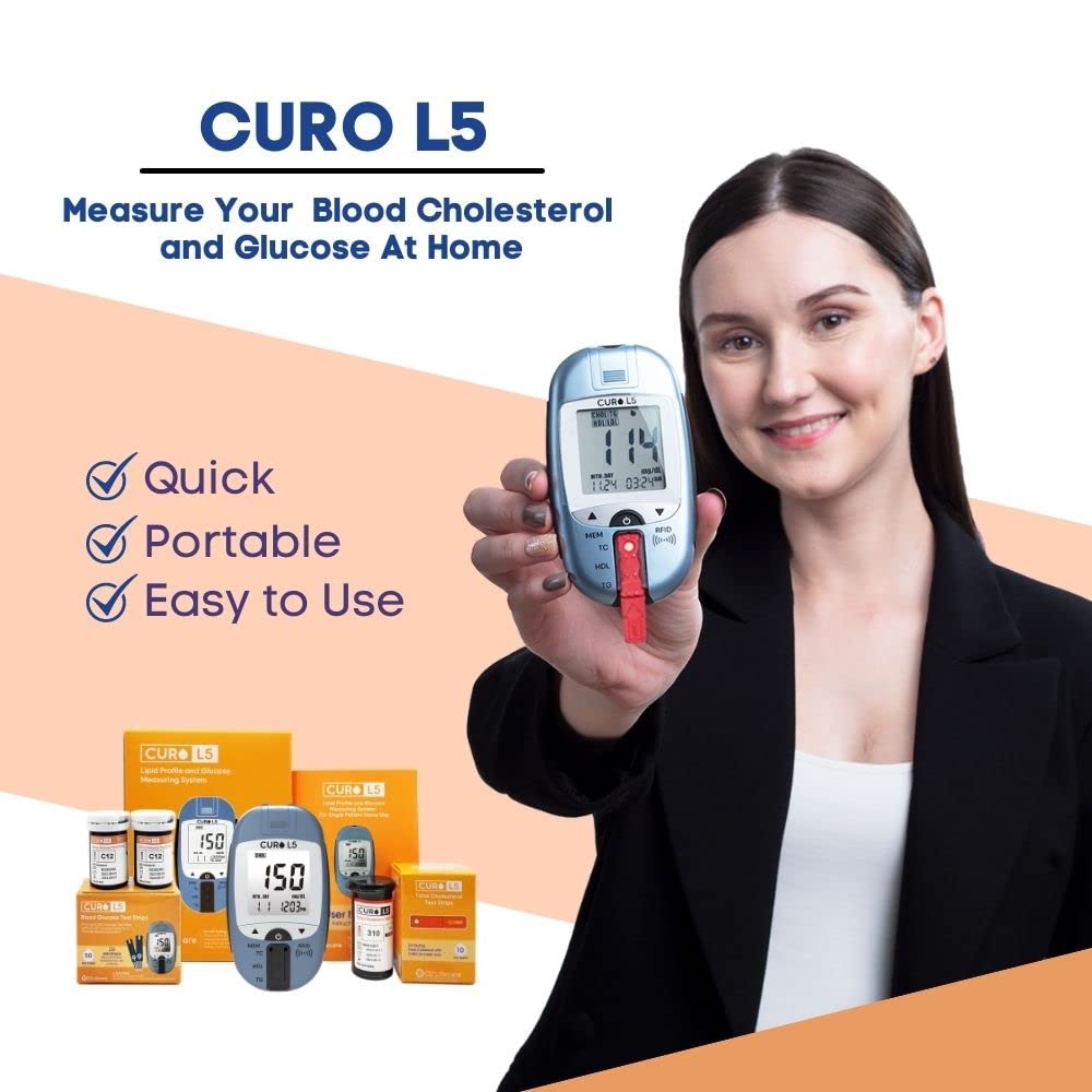CUROfit Convenient Health Monitoring with L5 Total Cholesterol  Glucose HOME Test Kit - Compact and Portable, Comprehensive Kit, Instant Results, Easy to Use, and Accurate Readings