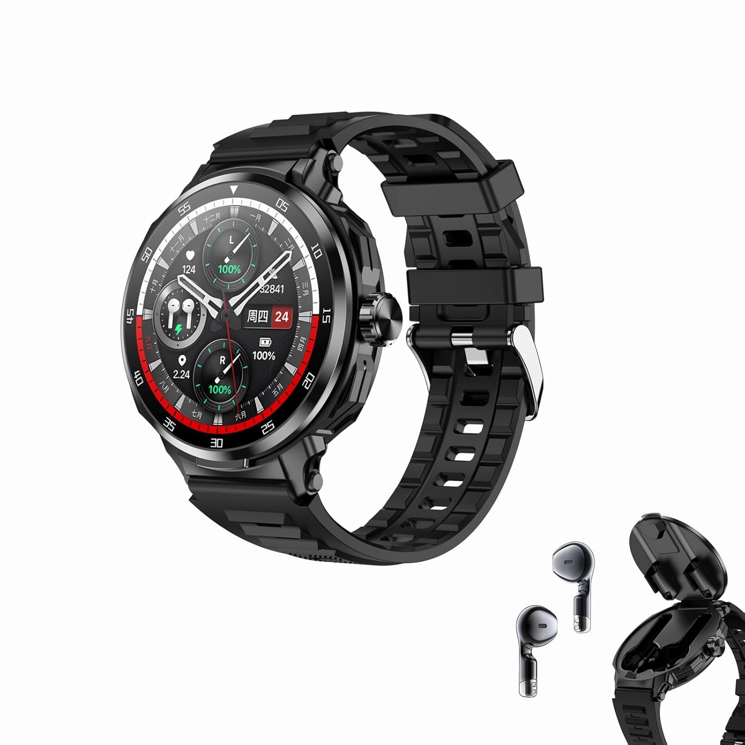D11 Smartwatch with Earbuds 1.46 TFT Round Smart Watch TWS Wireless Bluetooth Headset Health Monitor Fitness Tracker Bluetooth Call Music Player (Black)