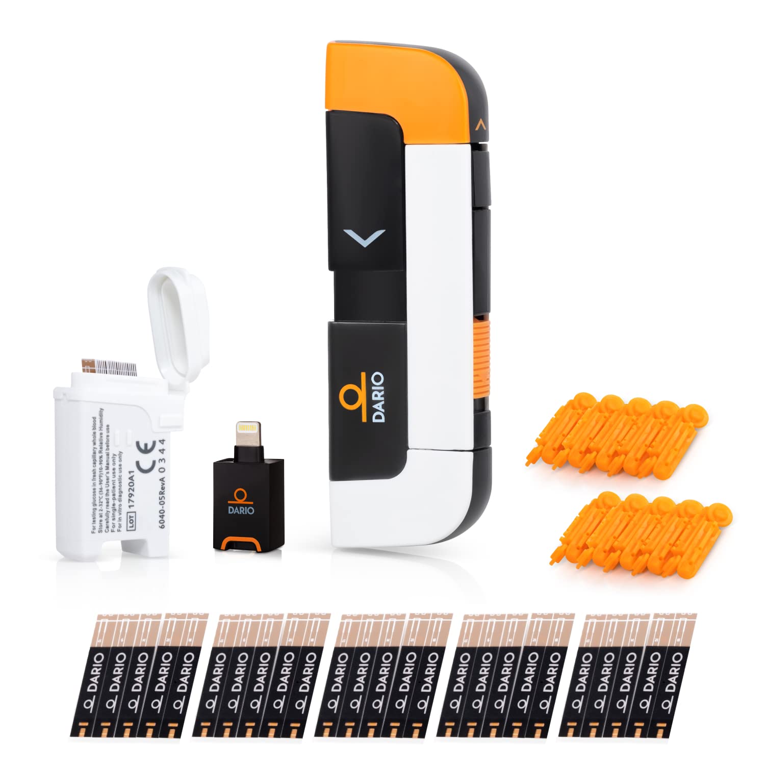 DARIO Smart Glucose Monitor Kit | Test Blood Sugar Levels  Manage Diabetes, Testing Kit Includes: Glucometer with 25 Strips, 10 Sterile lancets (Lightning - For iPhones Up To 14 Only)