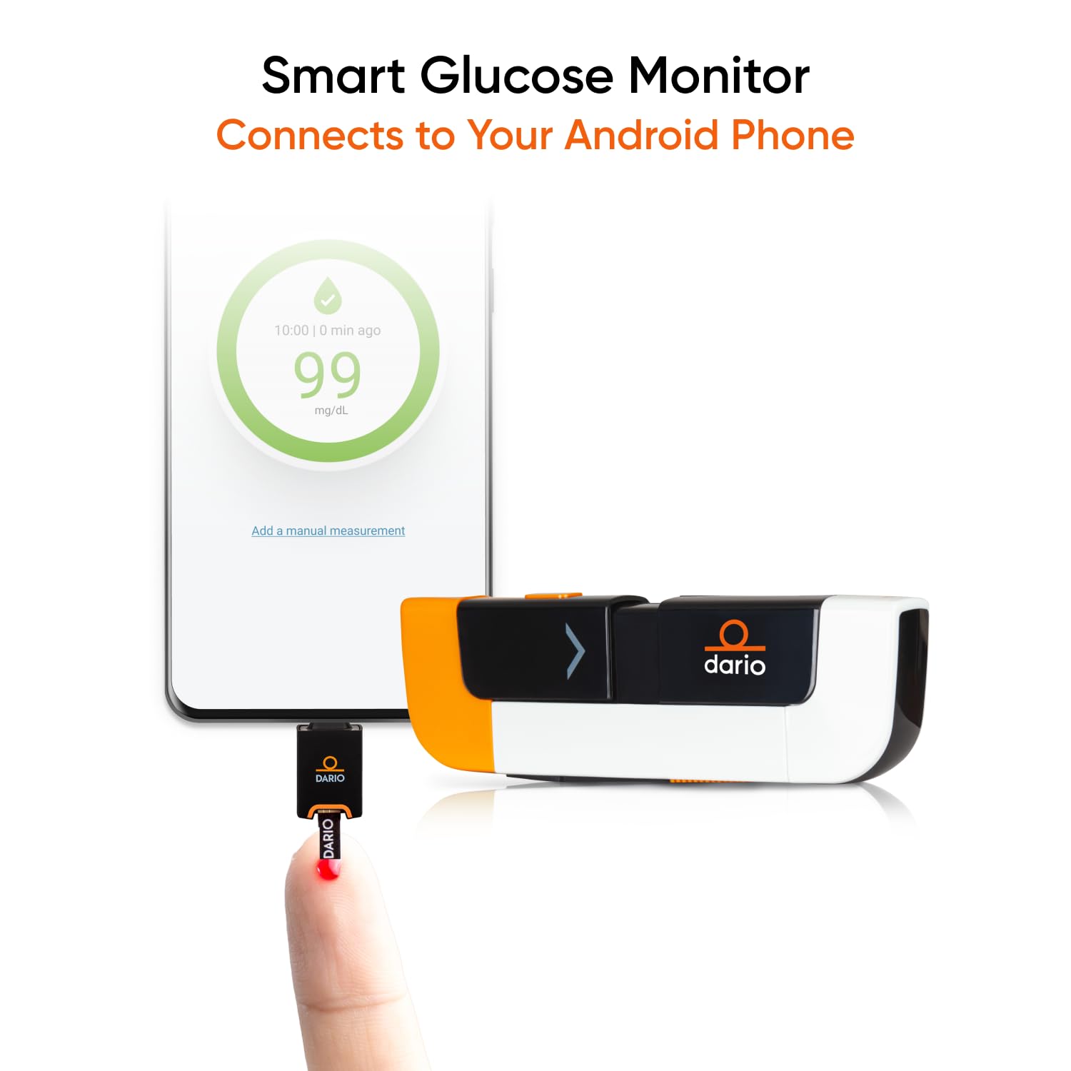 DARIO Smart Glucose Monitor Kit | Test Blood Sugar Levels  Manage Diabetes, Testing Kit Includes: Glucometer with 25 Strips, 10 Sterile lancets (USB-C Android Only)