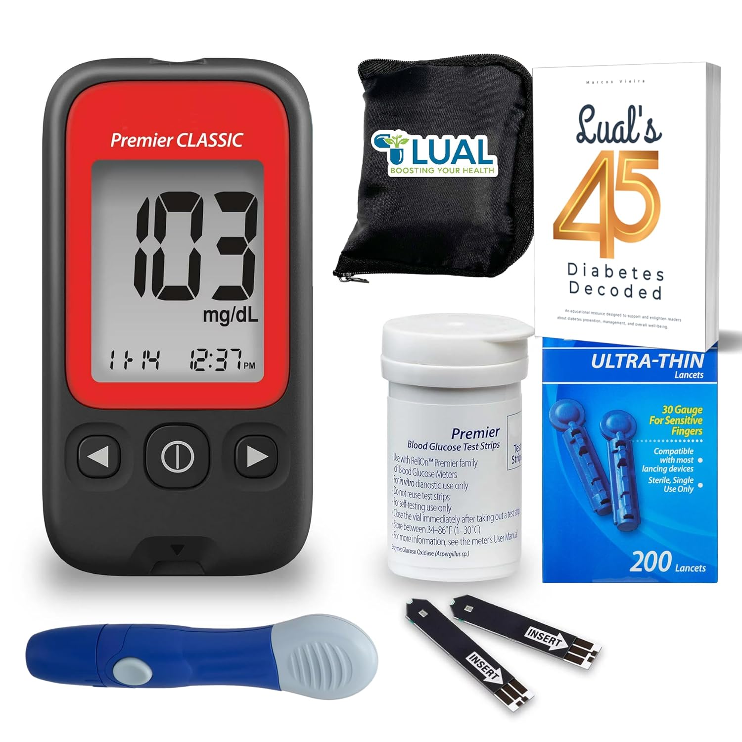 Diabetes Testing Kit Bundle – Includes Blood Glucose Monitor with Test Strips, Lancets, Carrying Case  LUAL’s 45 Diabetes Decoded | Compatible with ReliOn Premier