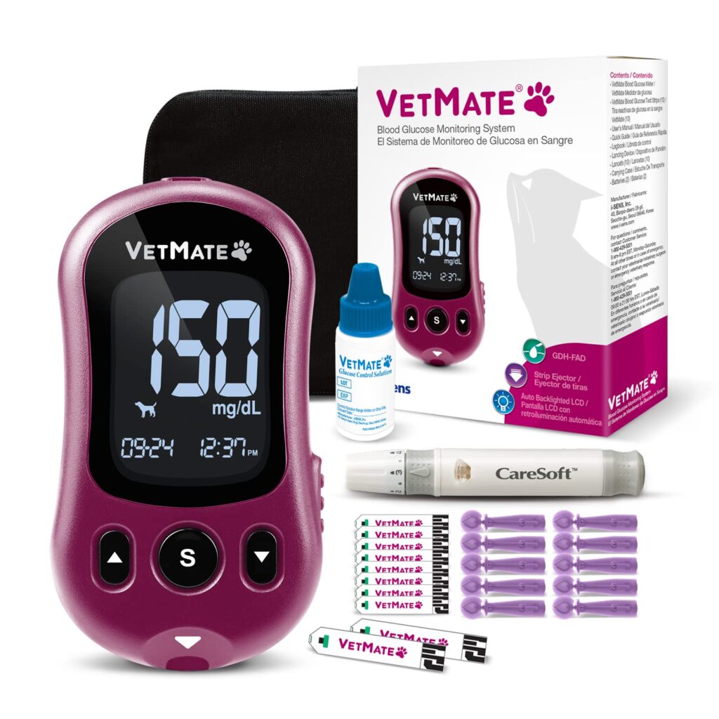Dogs/Cats Diabetes Monitoring Starter KIT (Auto-Coding) - 1 Pet Blood Glucose Meter, 10 Test Strips, 1 Lancing Device, 10 Lancets, 1 Control Solution – Calibrated for Dogs and Cats