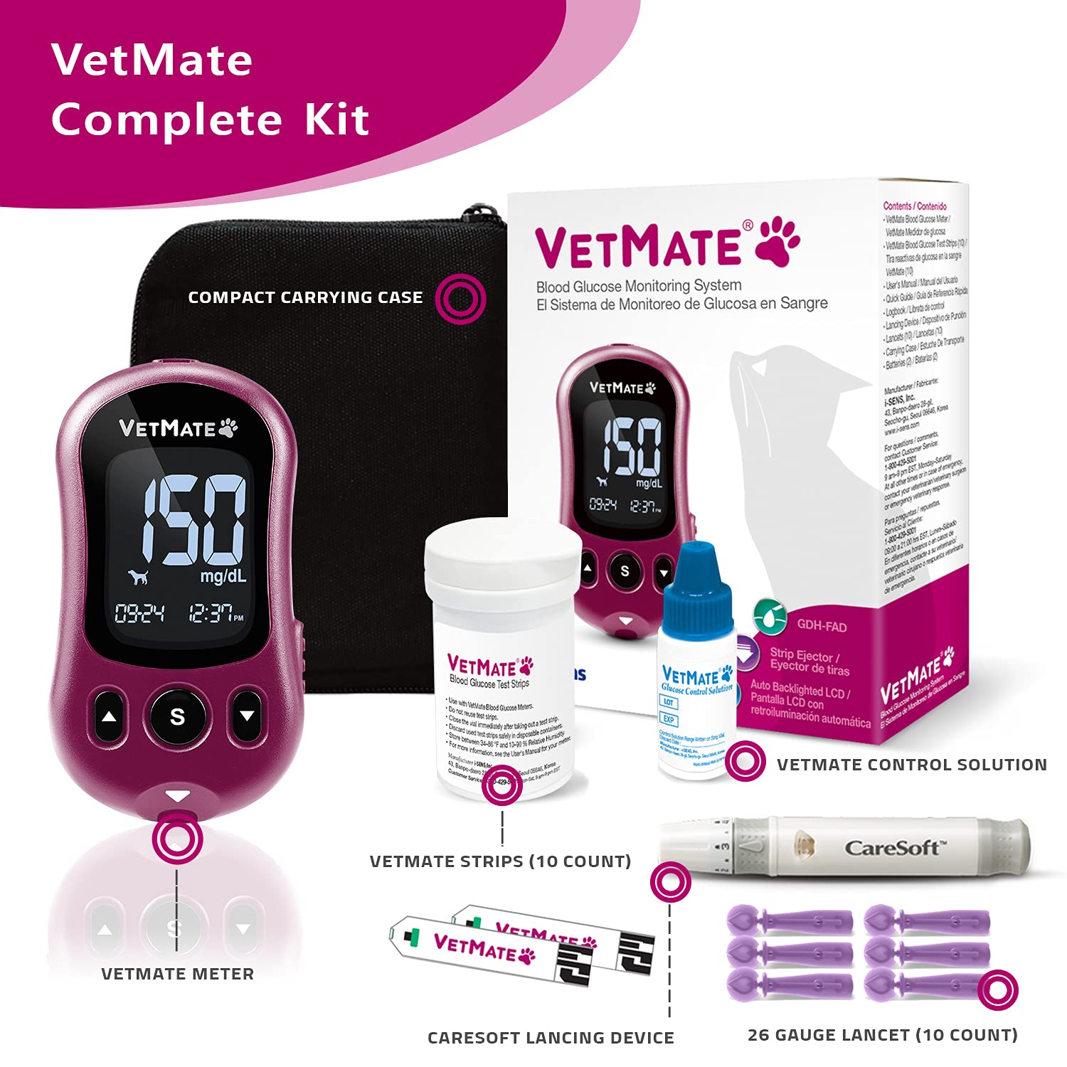 Dogs/Cats Diabetes Monitoring Starter KIT (Auto-Coding) - 1 Pet Blood Glucose Meter, 10 Test Strips, 1 Lancing Device, 10 Lancets, 1 Control Solution – Calibrated for Dogs and Cats
