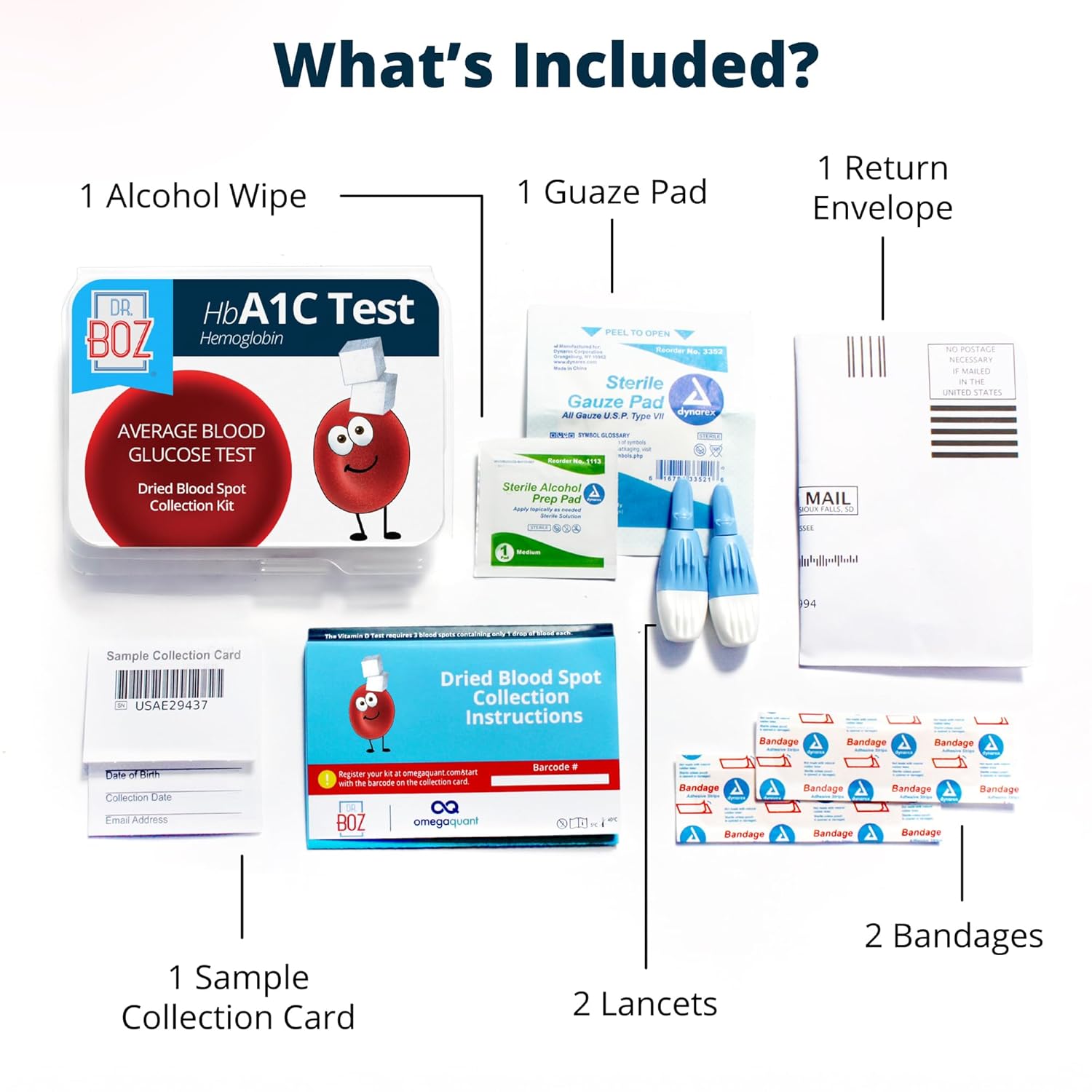 Dr. Boz - Hemoglobin A1C Home Test Kit - Blood Collection Kit with Lab Results - Blood Sugar  hbA1c Levels - Lancets, Bandages, Alcohol Wipe, Envelope - Made in the USA - Diabetes Care  Self Care