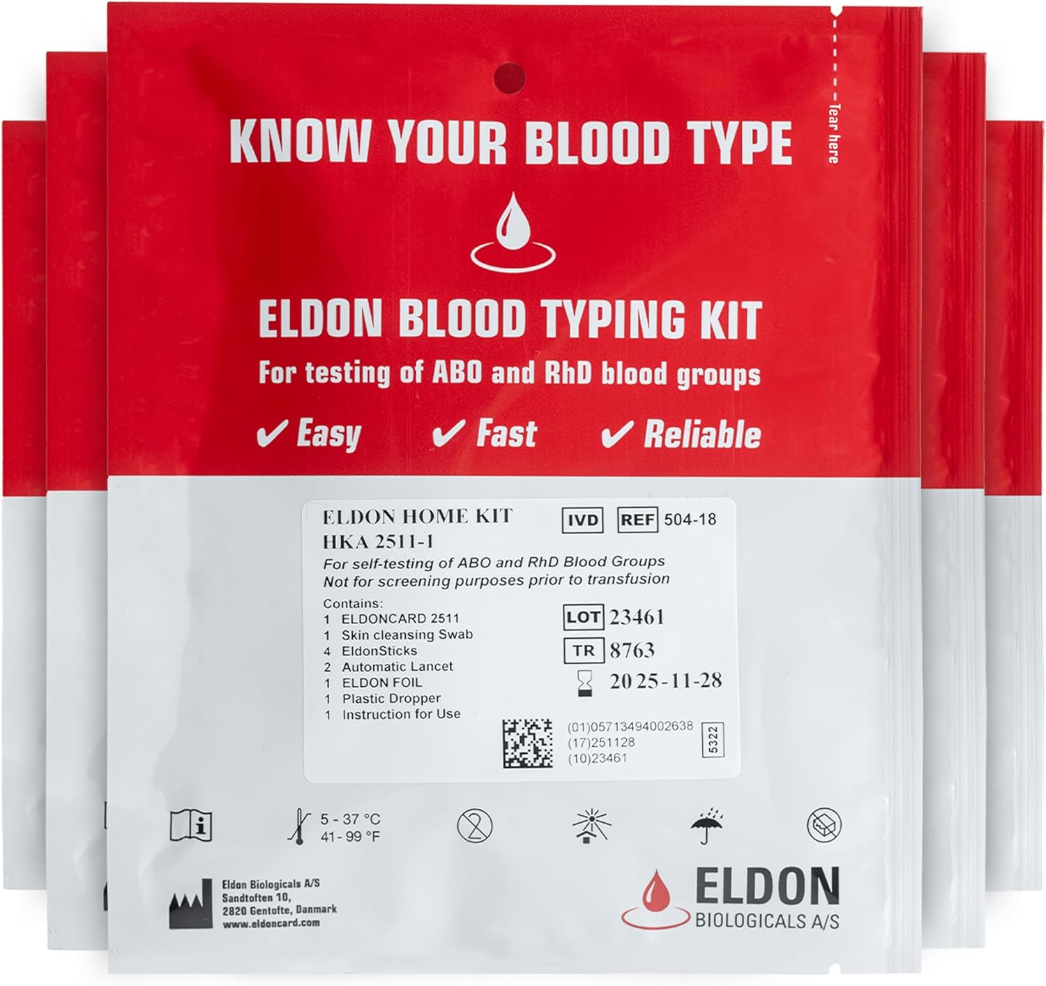 Eldoncard Blood Typing Kit, 5 Test Pack, Know Your Blood Type, Accurate Instant Home Testing, Determine A, O, B, Rhs-D Negative  Positive Groups