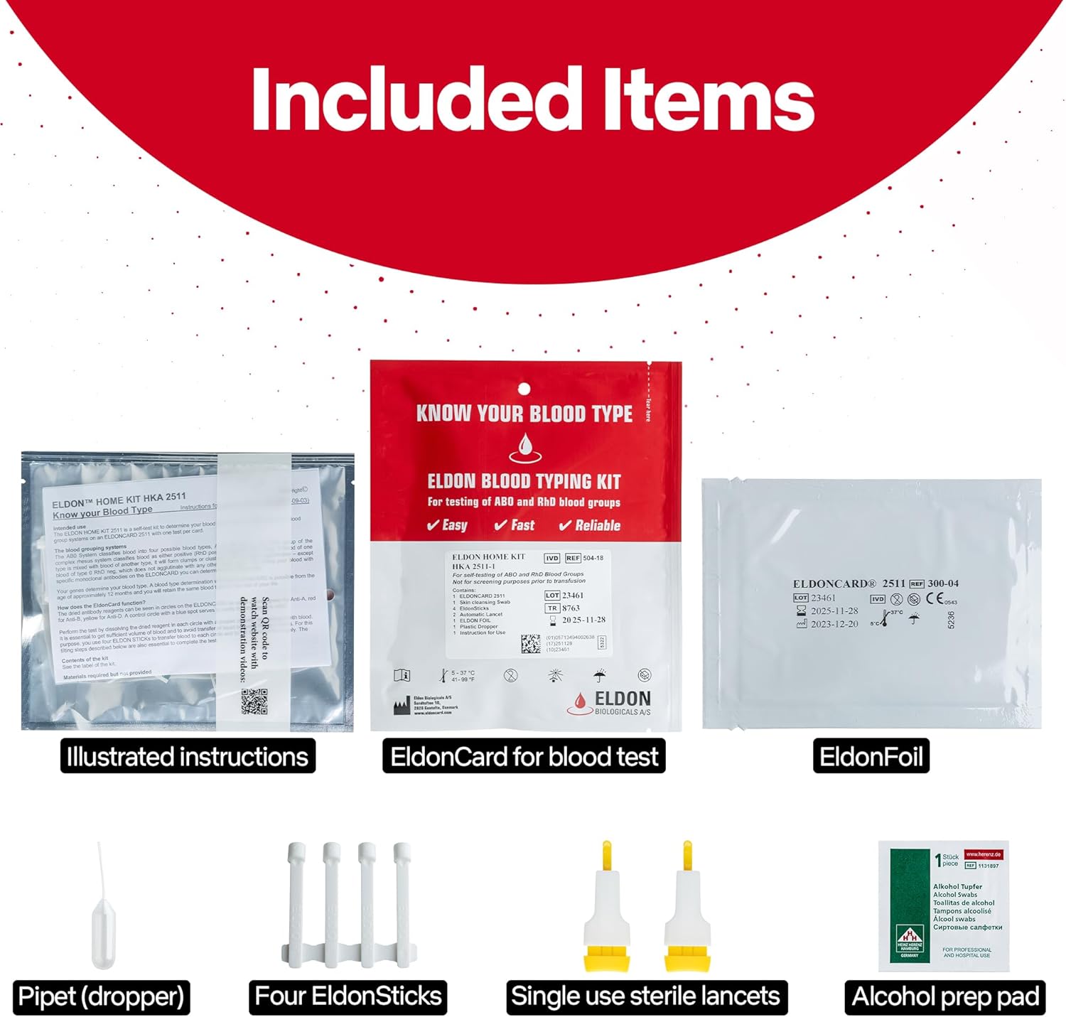 Eldoncard Blood Typing Kit, 5 Test Pack, Know Your Blood Type, Accurate Instant Home Testing, Determine A, O, B, Rhs-D Negative  Positive Groups