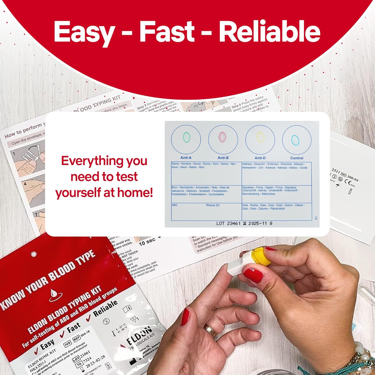 Eldoncard Blood Typing Kit, 5 Test Pack, Know Your Blood Type, Accurate Instant Home Testing, Determine A, O, B, Rhs-D Negative  Positive Groups