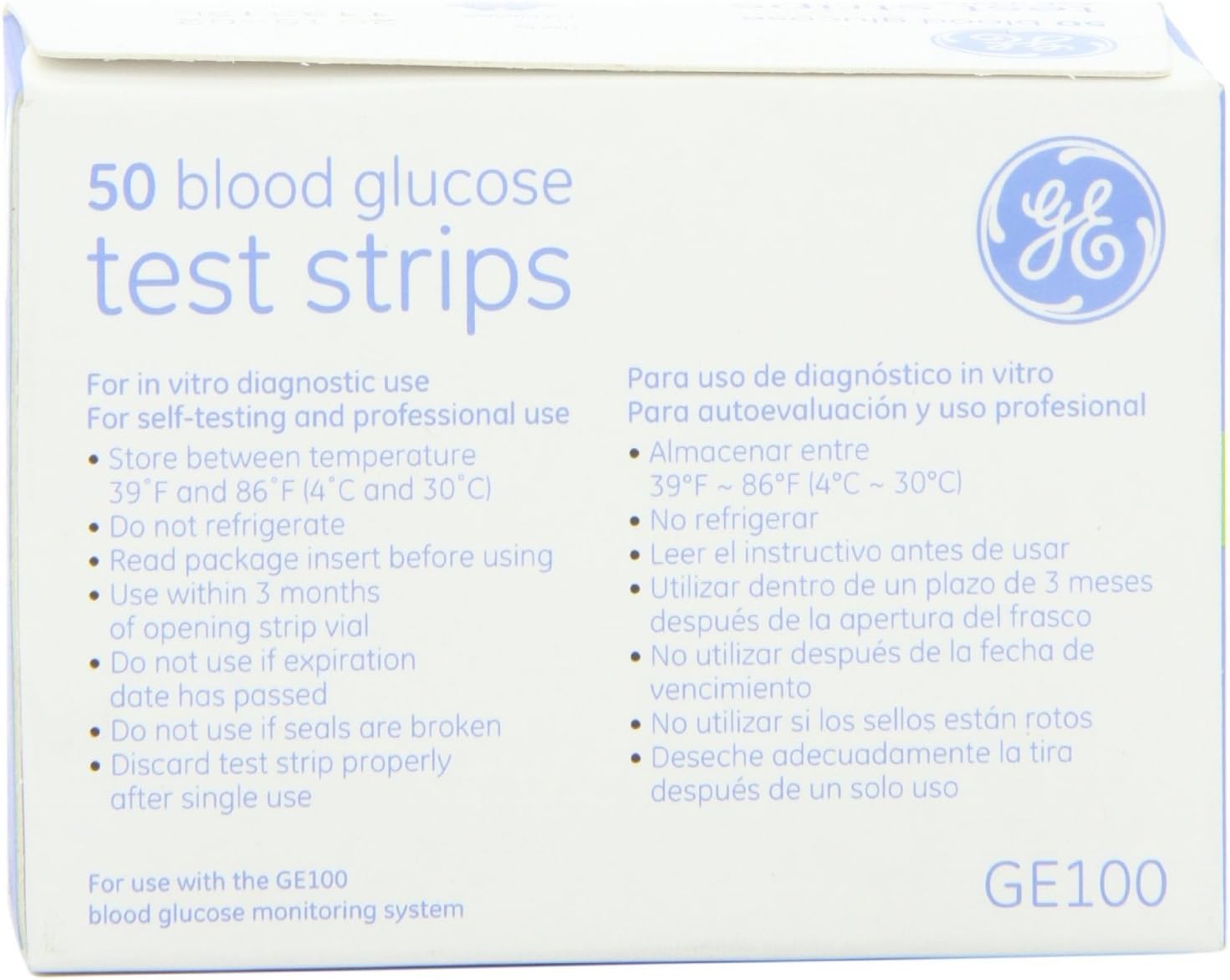 GE100 Blood Glucose Test Strips - 4/Boxes of 50 Strips = 200/Total Strips