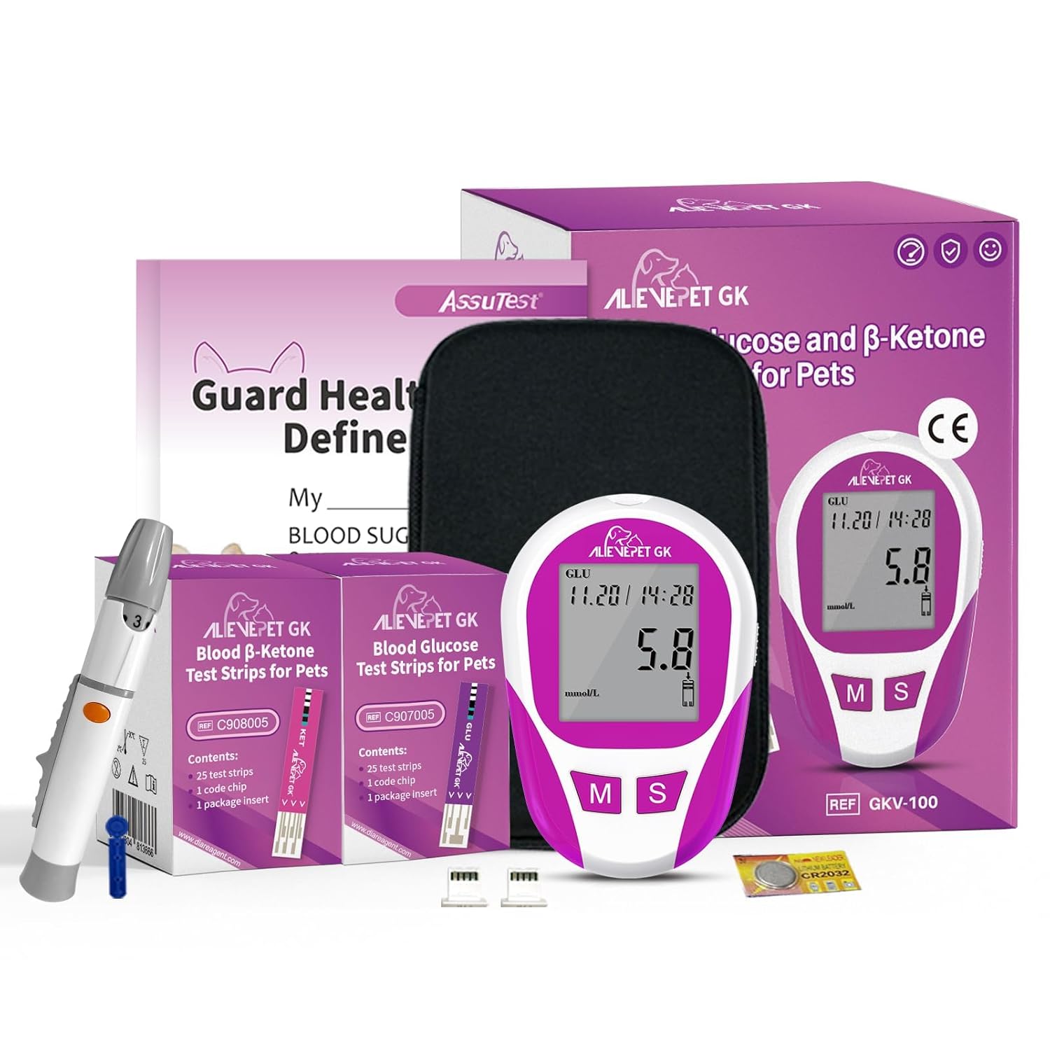 Glucose Monitoring Kit Diabetes Testing Kit for Cats, Dogs and Horses - 9 Piece Set of Blood Sugar  Blood Ketone Glucose Meter, User Guide, Test Strips and Diary Clinic/At-Home Testing