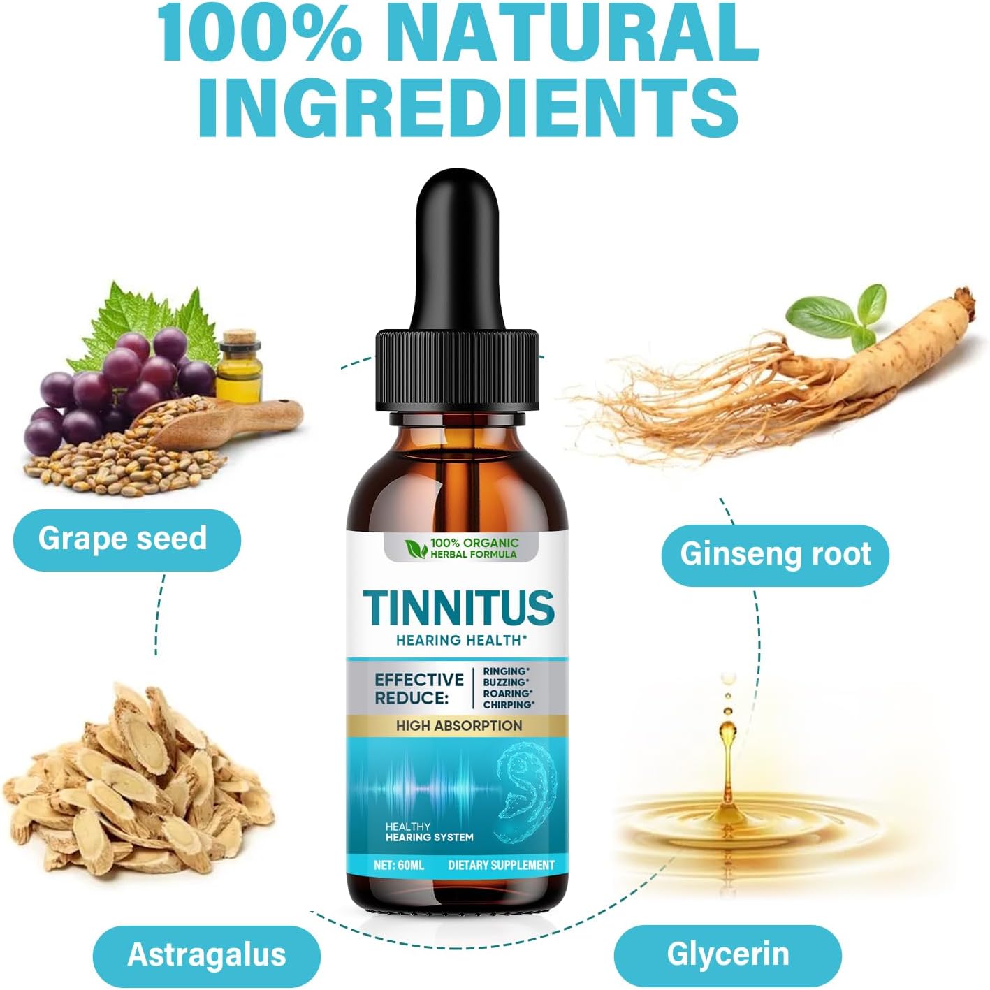Green Hills Tinnitus Relief for Ringing Ears, Natural Ear Ringing Relief for Clogged Ears,Reduce Ear Noise  Improve Hearing, 60ML