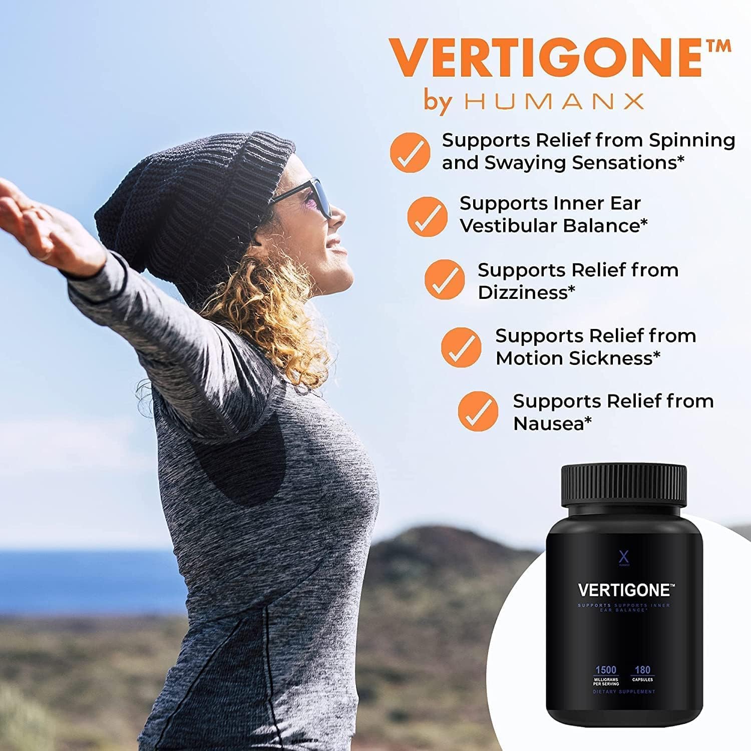 HUMANX VertiGone - Vertigo Relief - Time-Tested Ingredients - Ancient Natural Inner Ear Balance Supplement - Relieves Dizziness, Nausea, Spinning  Swaying Sensations - Non GMO - Dizzy Aid Pills