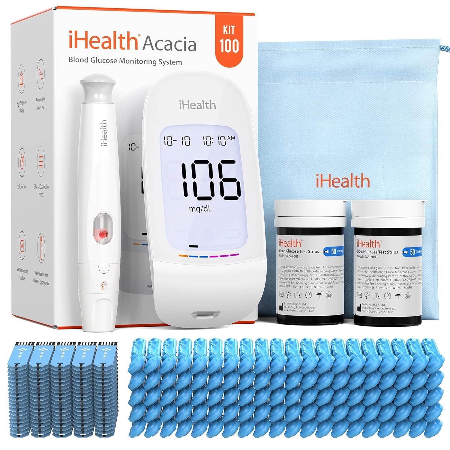 iHealth Acacia Blood Glucose Monitor Kit, 100 Glucometer Strips, 100 Lancets, 1 Blood Sugar Monitor, 1 Lancing Device, 1 Travel Bag, No Coding, Portable Blood Sugar Testing Kit, Diabetes Testing