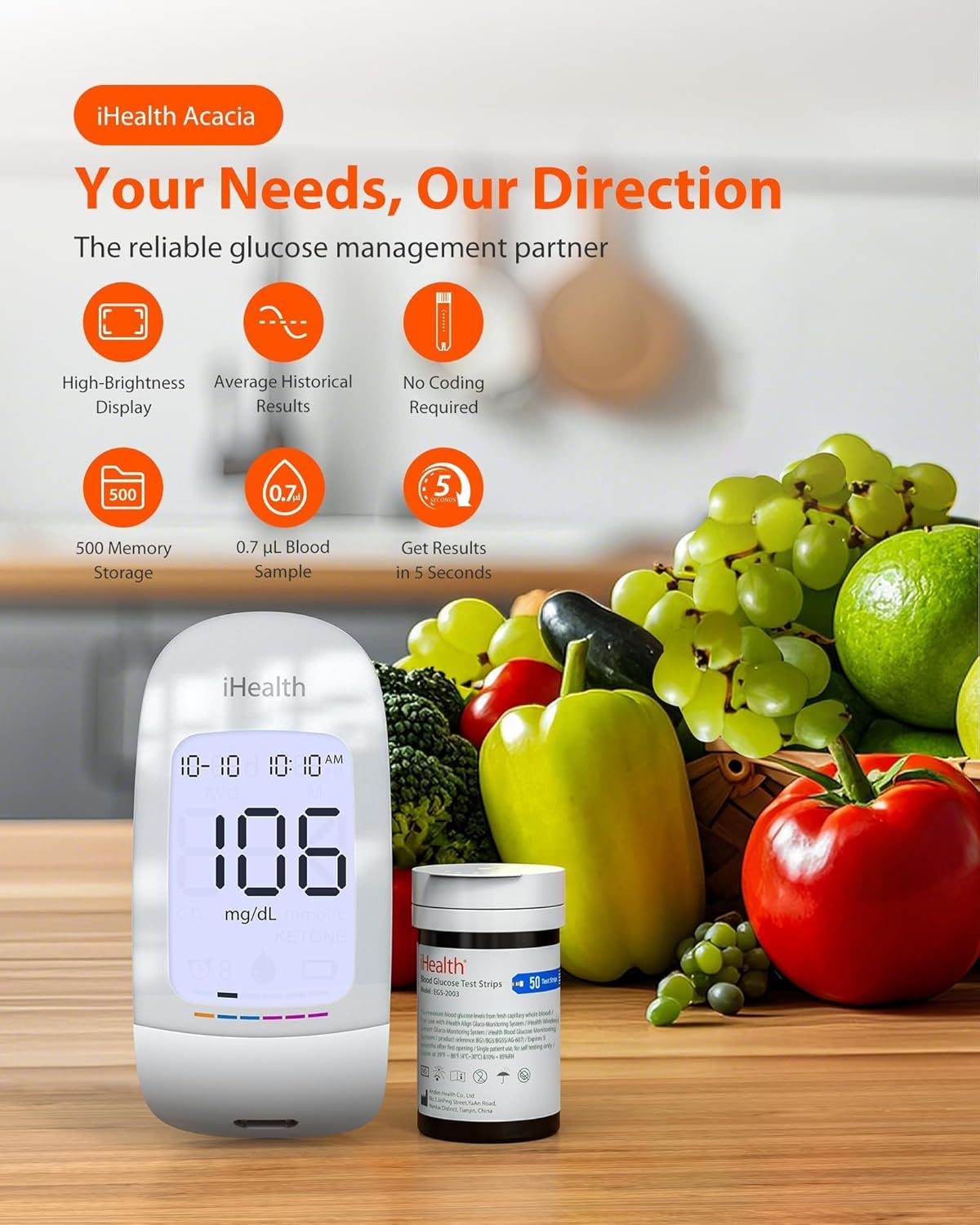 iHealth Acacia Blood Glucose Monitor Kit, 100 Glucometer Strips, 100 Lancets, 1 Blood Sugar Monitor, 1 Lancing Device, 1 Travel Bag, No Coding, Portable Blood Sugar Testing Kit, Diabetes Testing
