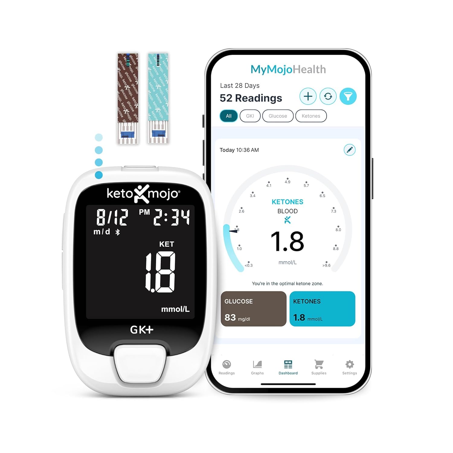 KETO-MOJO GK+ Bluetooth Glucose  Ketone Testing Kit + Free APP for Ketosis  Diabetes Support. 20 Blood Test Strips (10 Each), Meter, 20 Lancets, Lancing Device, and Control Solutions