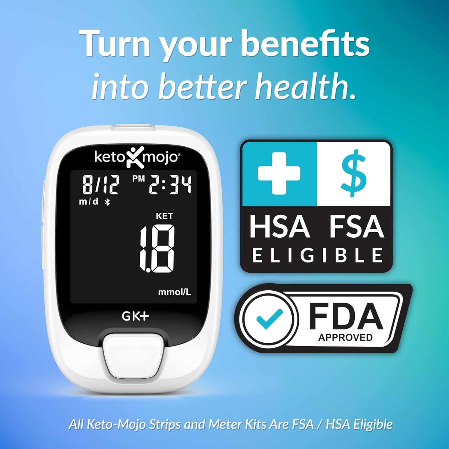 KETO-MOJO GK+ Bluetooth Glucose  Ketone Testing Kit + Free APP for Ketosis  Diabetes Support. 20 Blood Test Strips (10 Each), Meter, 20 Lancets, Lancing Device, and Control Solutions