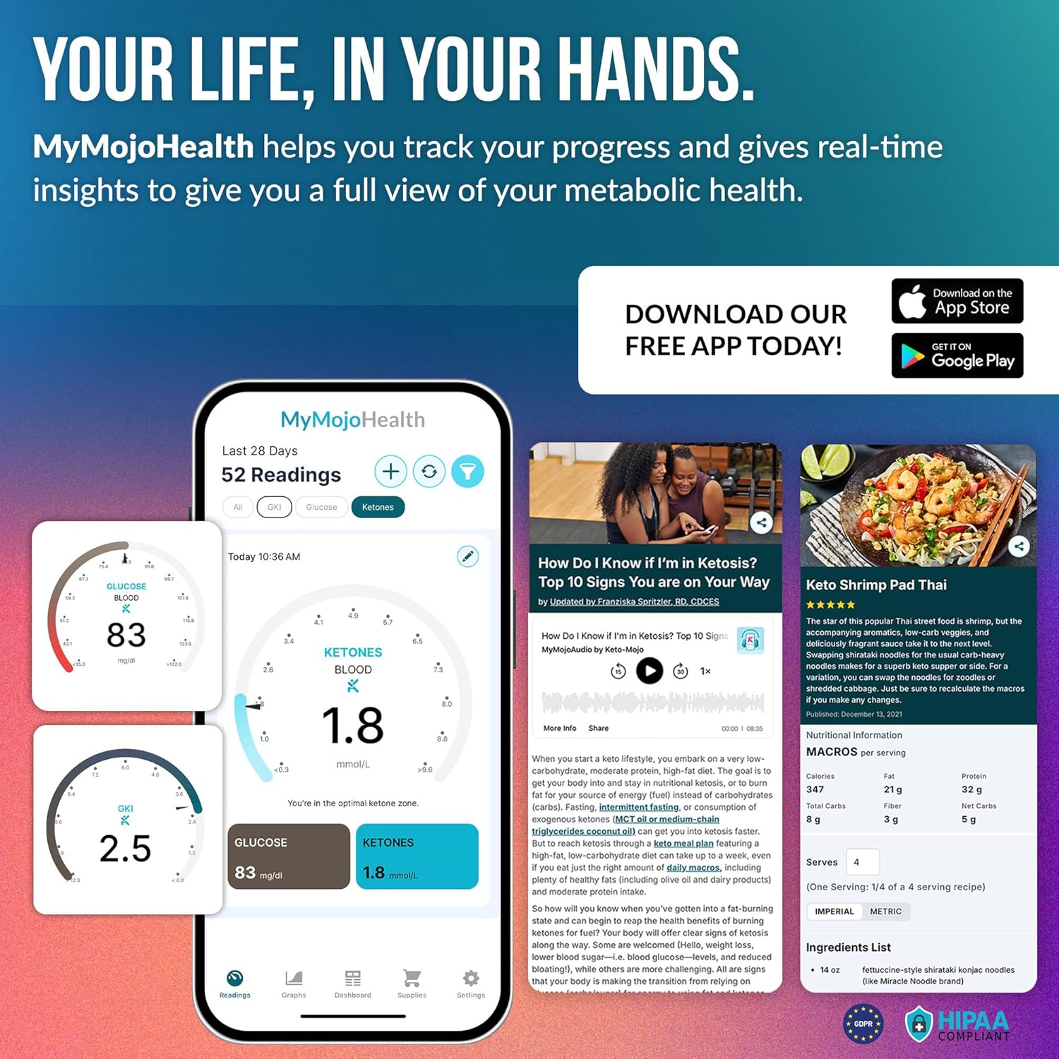 KETO-MOJO GK+ Bluetooth Glucose  Ketone Testing Kit + Free APP for Ketosis  Diabetes Support. 20 Blood Test Strips (10 Each), Meter, 20 Lancets, Lancing Device, and Control Solutions