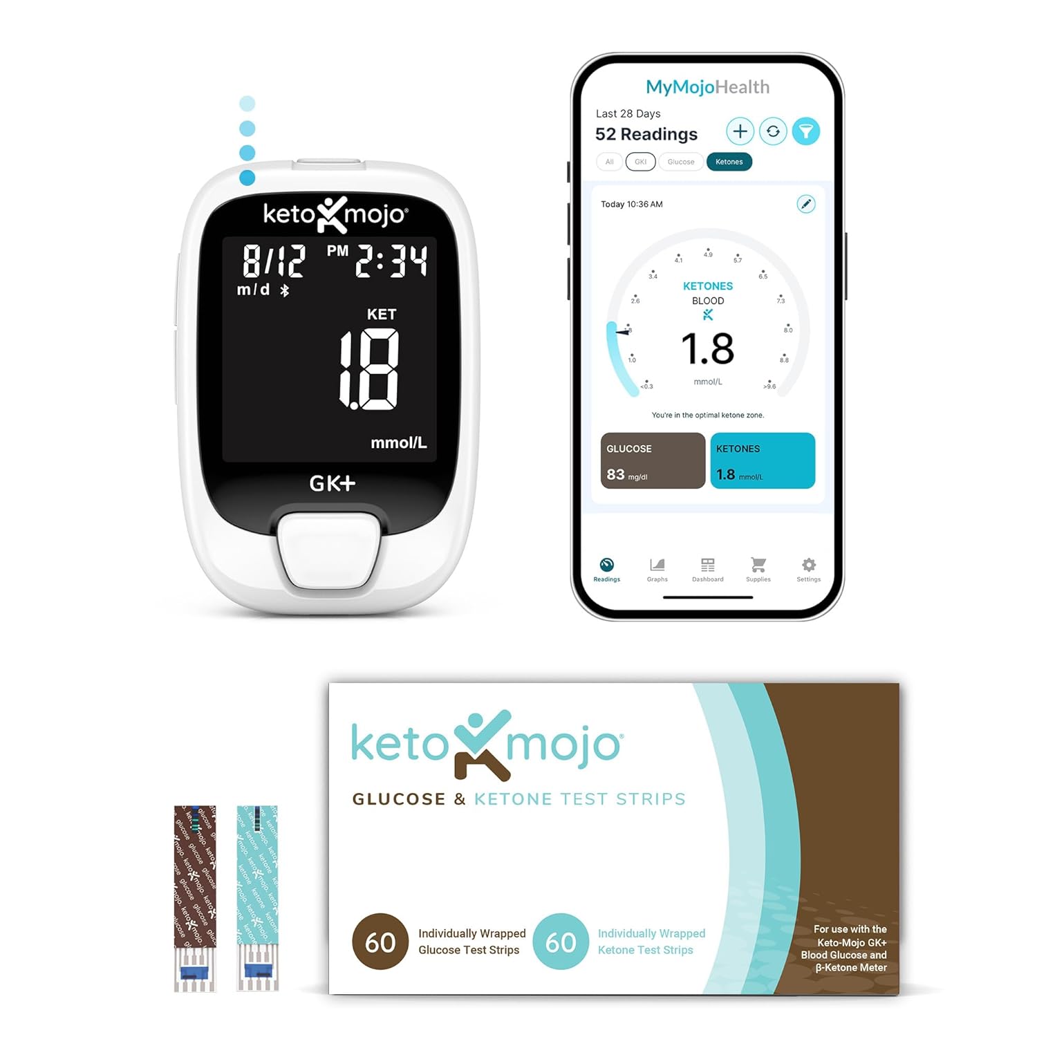 Keto-Mojo GK+ Glucose  Ketone Testing Kit with 140 Test Strips – Advanced Bluetooth Meter with Free App for Ketosis Diabetes  Metabolic Support – Includes 70 Glucose + 70 Ketone Strips