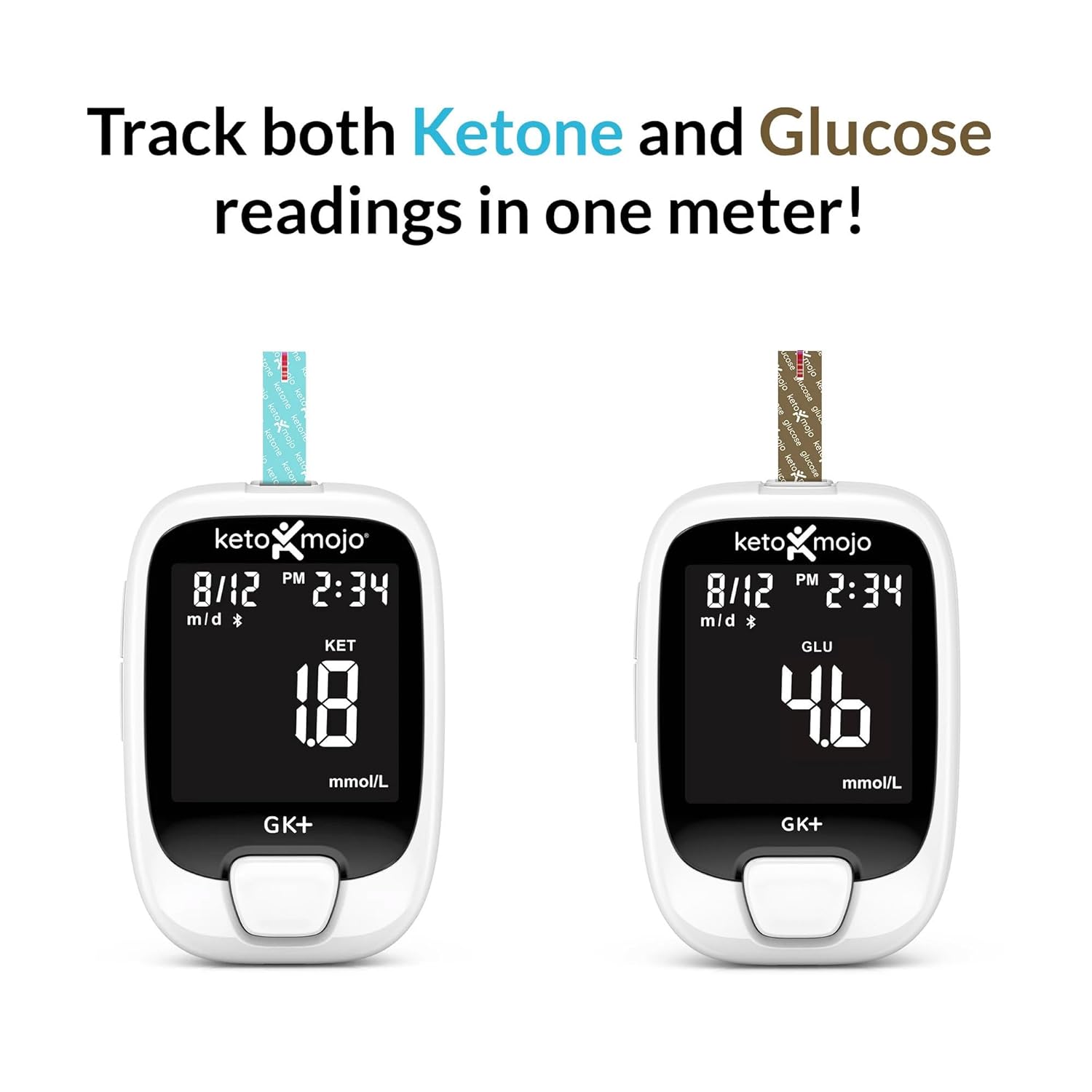 Keto-Mojo GK+ Glucose  Ketone Testing Kit with 140 Test Strips – Advanced Bluetooth Meter with Free App for Ketosis Diabetes  Metabolic Support – Includes 70 Glucose + 70 Ketone Strips