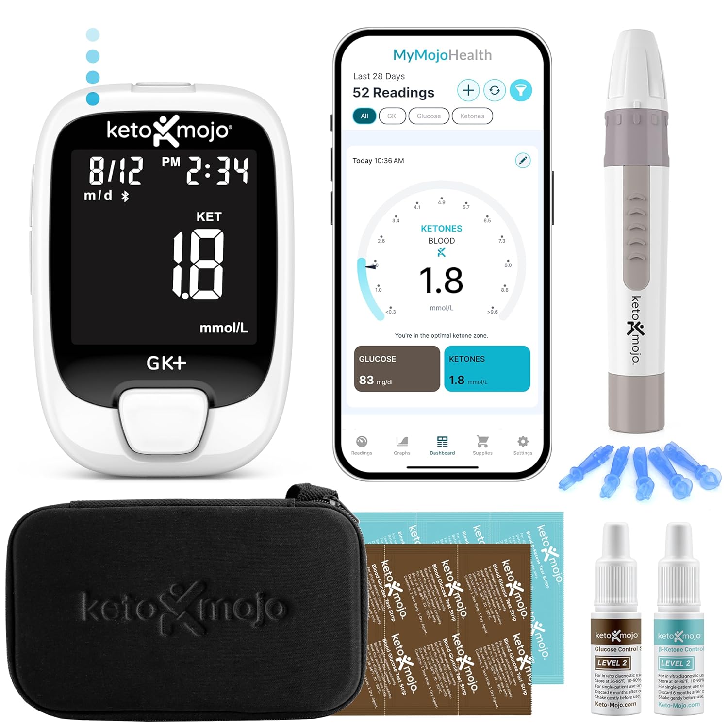 Keto-Mojo GK+ Glucose  Ketone Testing Kit with 140 Test Strips – Advanced Bluetooth Meter with Free App for Ketosis Diabetes  Metabolic Support – Includes 70 Glucose + 70 Ketone Strips