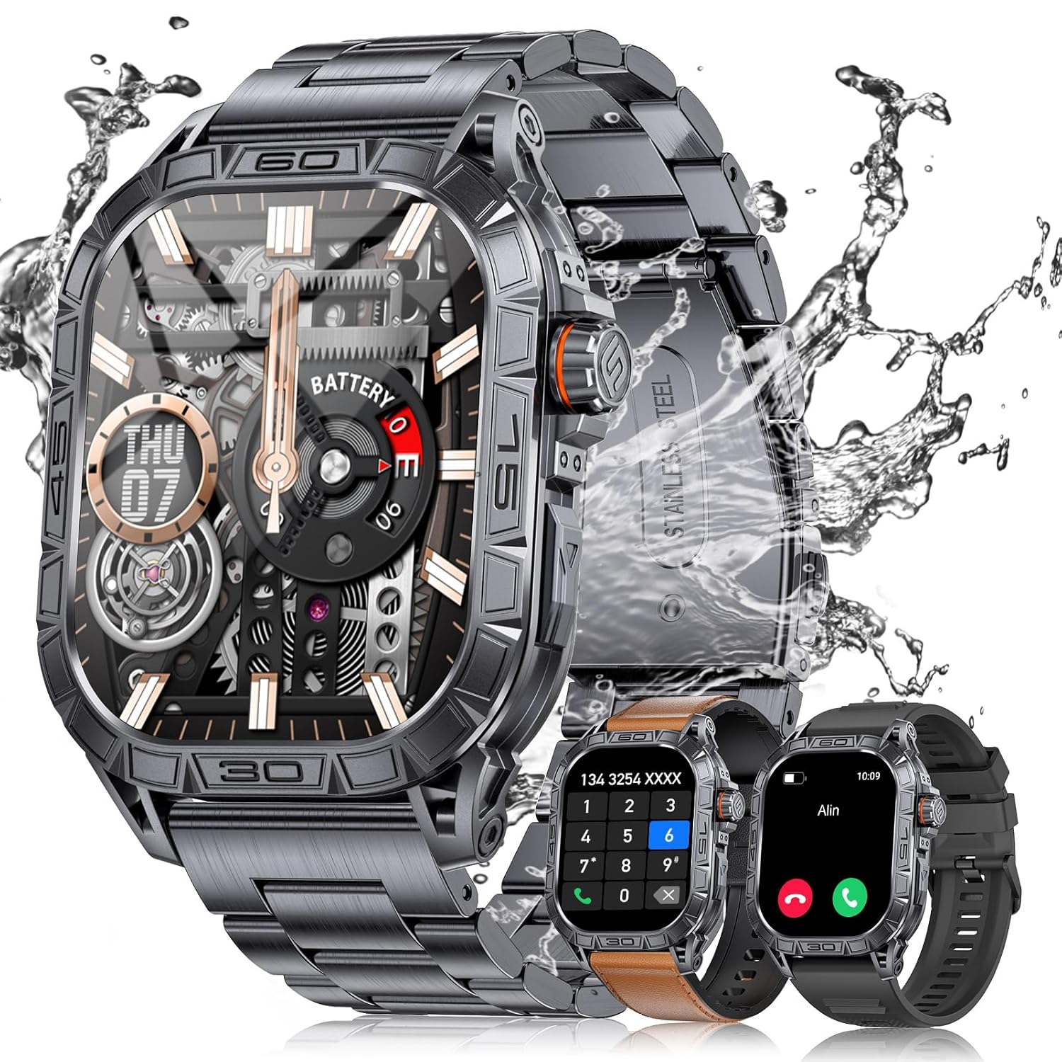 LIGE Military Smart Watch for Men(Call Receive/Dial) with 3 Straps,1.96HD Big AMOLED Rugged Smartwatch for iPhone/Android Phone,Upgraded Fitness Tracker 5ATM Waterproof/Heart Rate/Sleep Monitor,Black