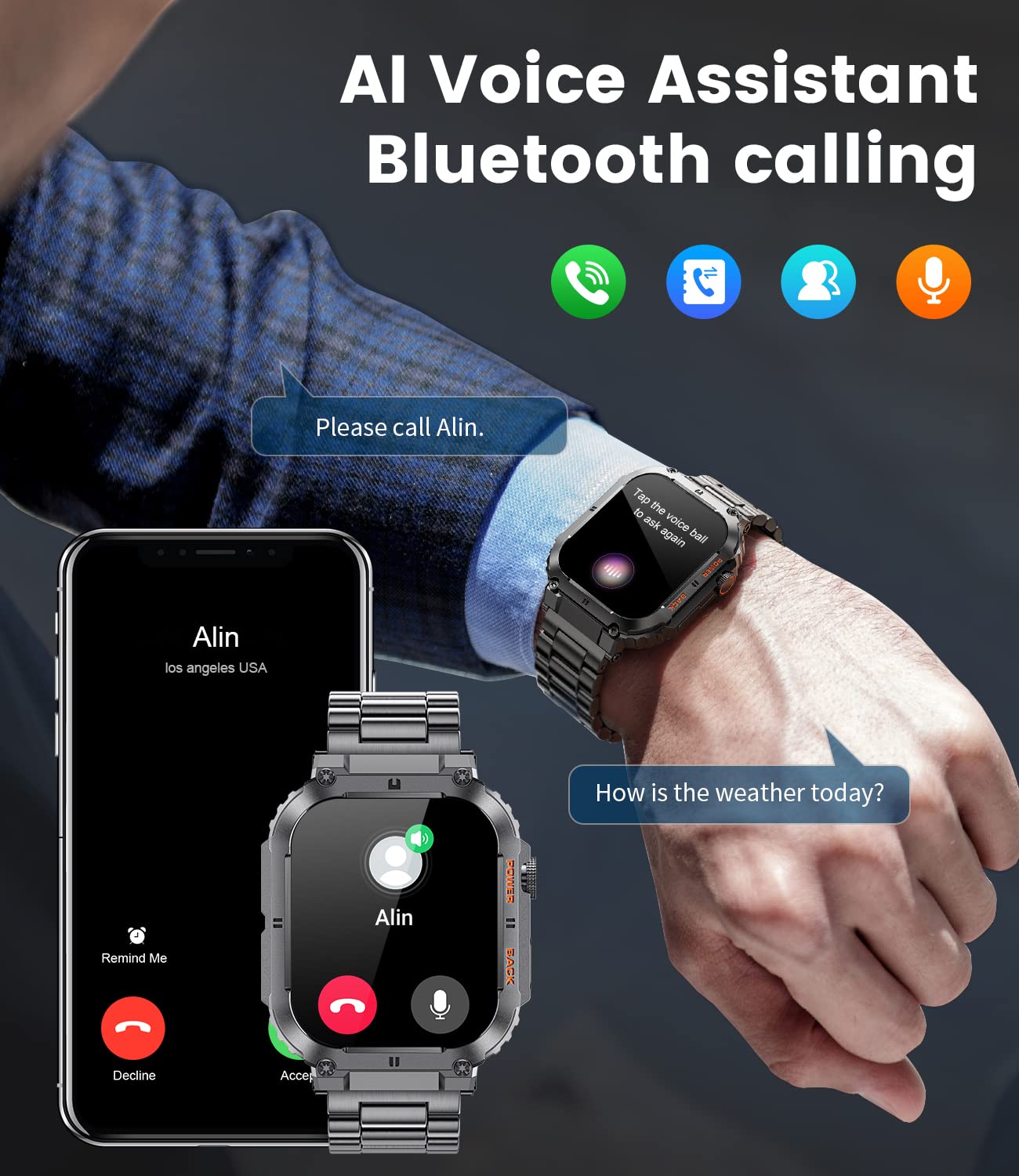 LIGE Military Smart Watches for Men with (Answer/Make Calls),400mAh Large Battery,1.96’’ DH,5ATM Waterproof Smartwatch,120+Sport Modes Heart Rate/Sleep Monitor for Android iOS Black
