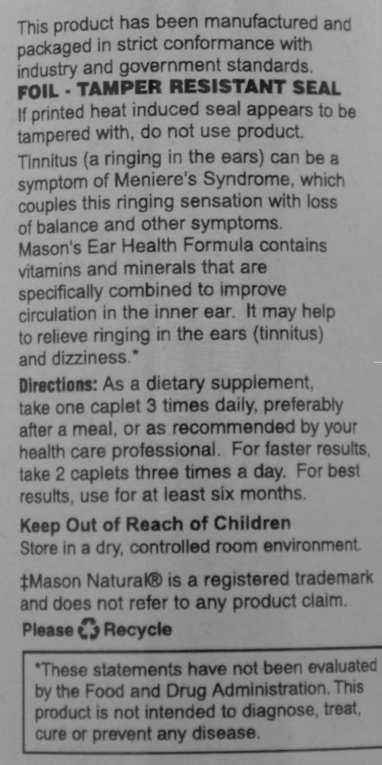 Mason Natural Advance Ear Health Formula Bioflavonoids Plus 100 Caplets per Bottle Pack of 2 Total 200 Caplets