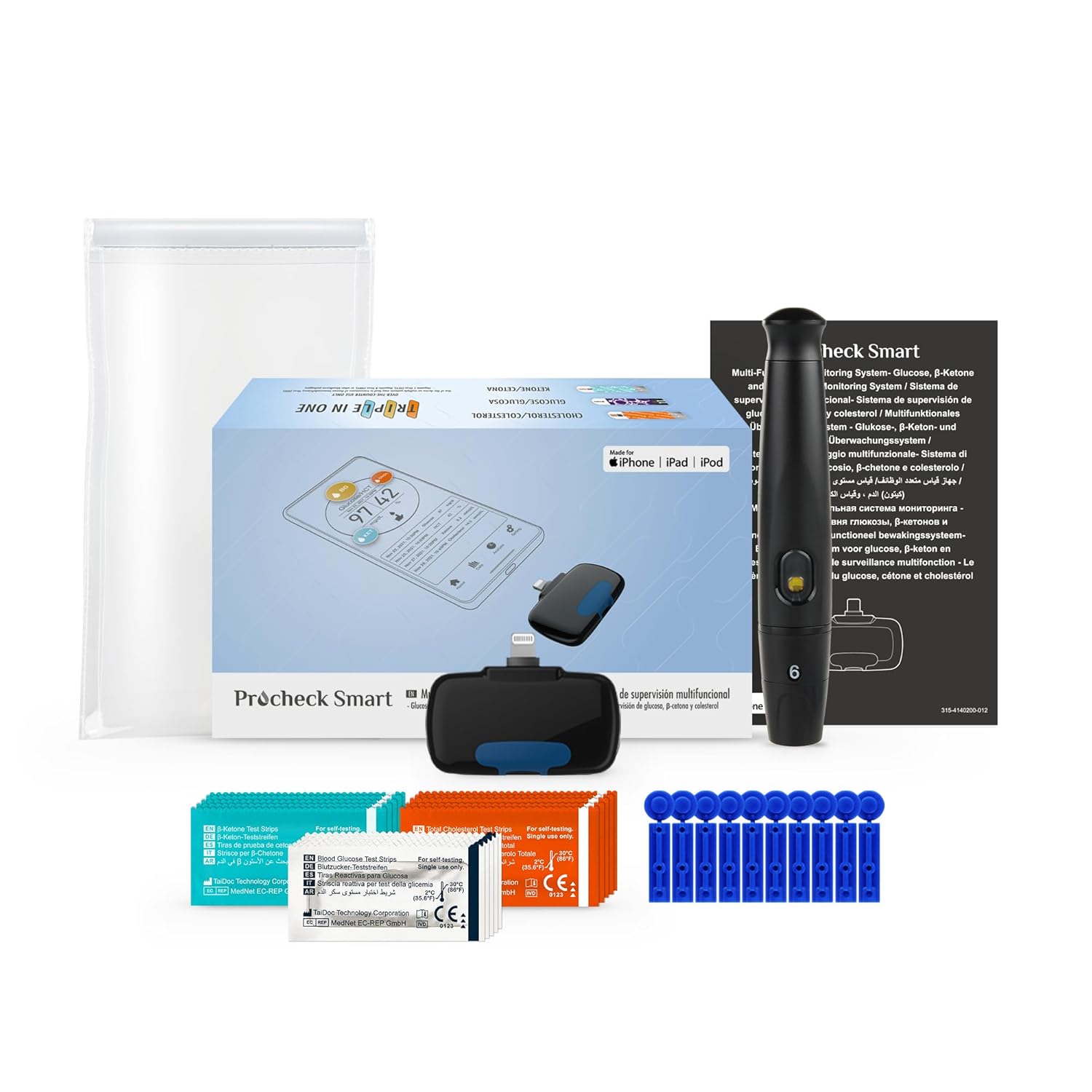 MbH Glucose, Cholesterol Testing Kit + Free App in Procheck Smartphone Dongle. 5pcs Glucose Test Strips, and 5pcs Cholesterol Test Strips, 10pcs Lancets, 1pc Lancing Device Included(for iOS Lightning)