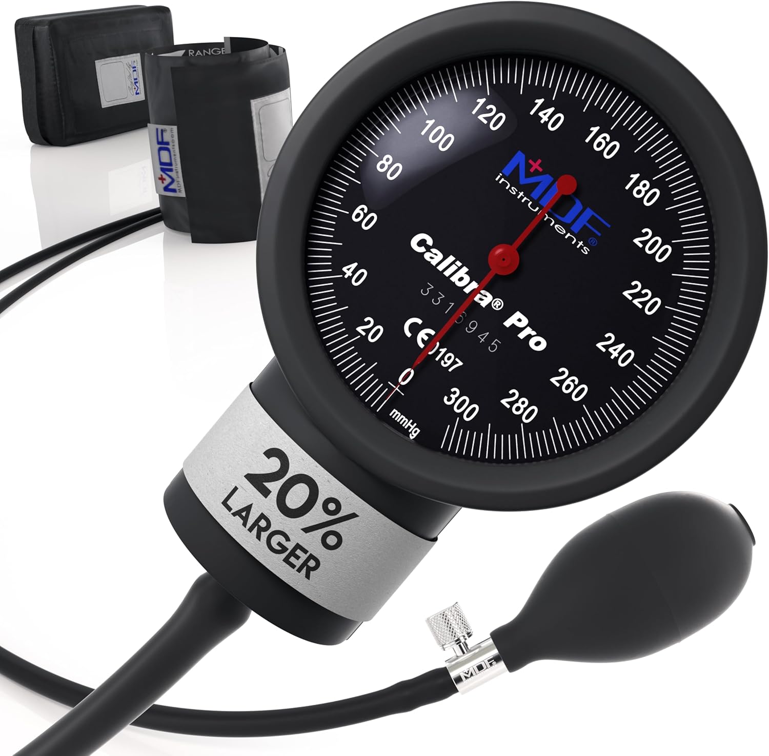 MDF Instruments, Extra Large Gauge Calibra Pro Aneroid Sphygmomanometer with Shock Guard  Adult Sized Cuff Included, Lifetime Calibration, Black Dial, Black Cuff, MDF808B11
